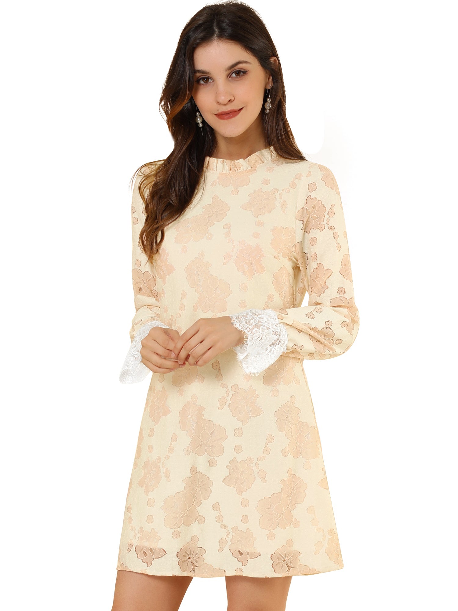 Lace Floral Ruffle Crew Neck Cocktail Mini Dress