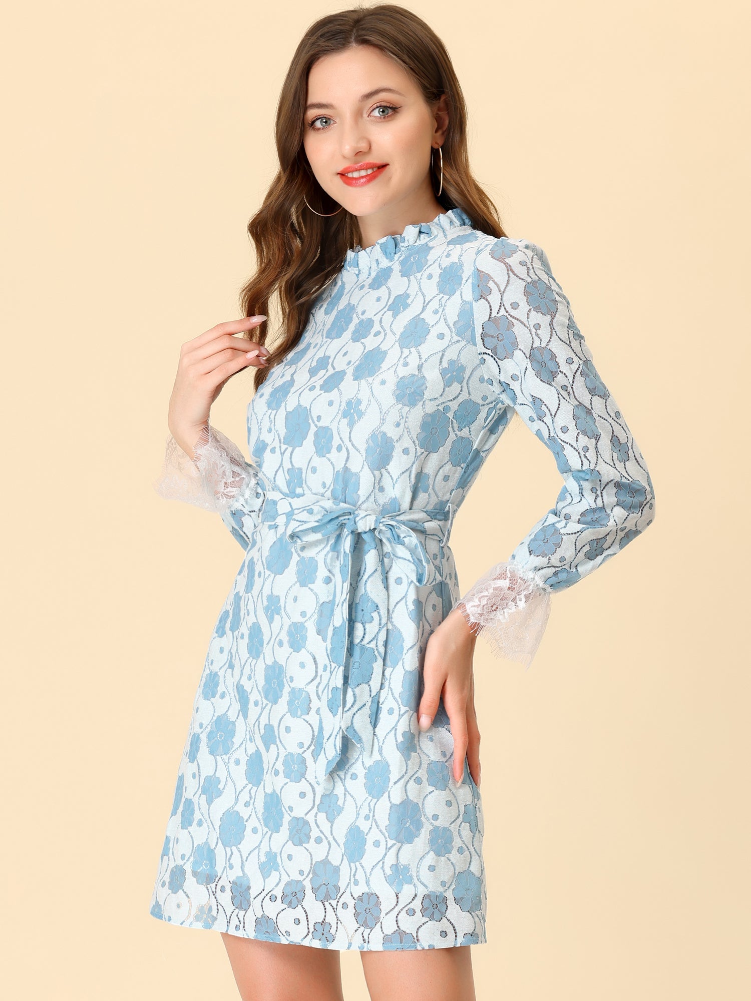Lace Floral Ruffle Crew Neck Cocktail Mini Dress