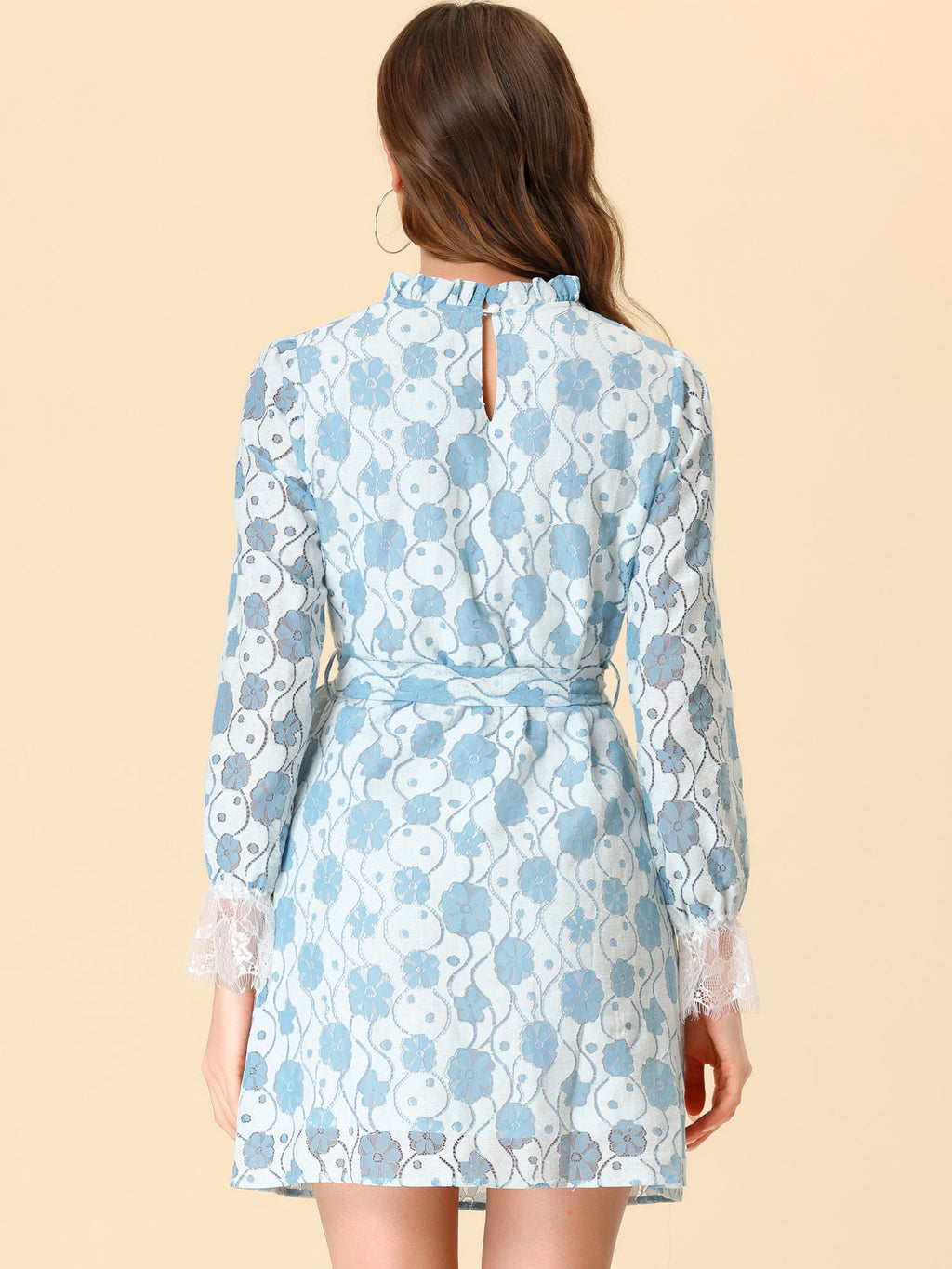 Lace Floral Ruffle Crew Neck Cocktail Mini Dress