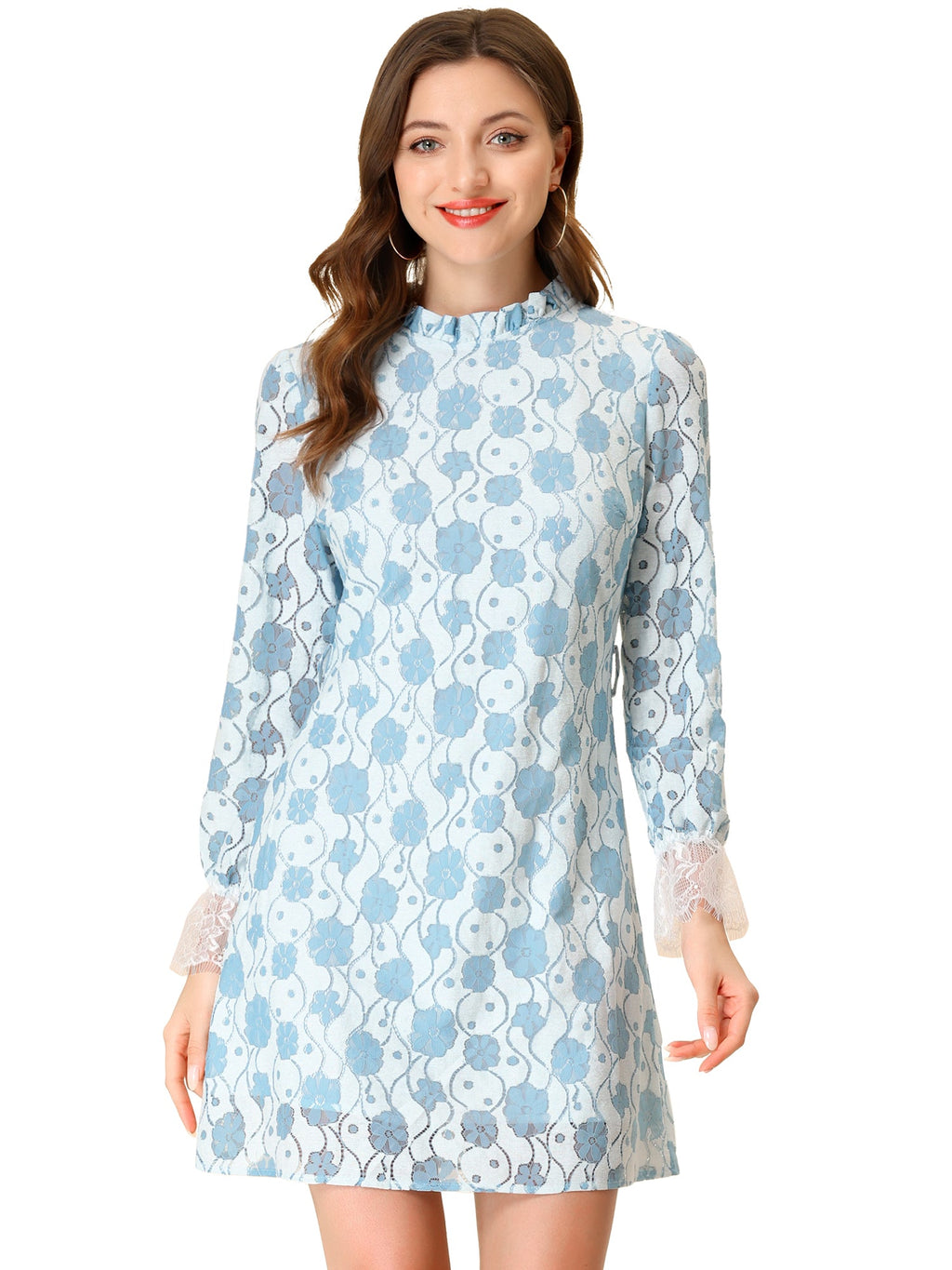 Lace Floral Ruffle Crew Neck Cocktail Mini Dress