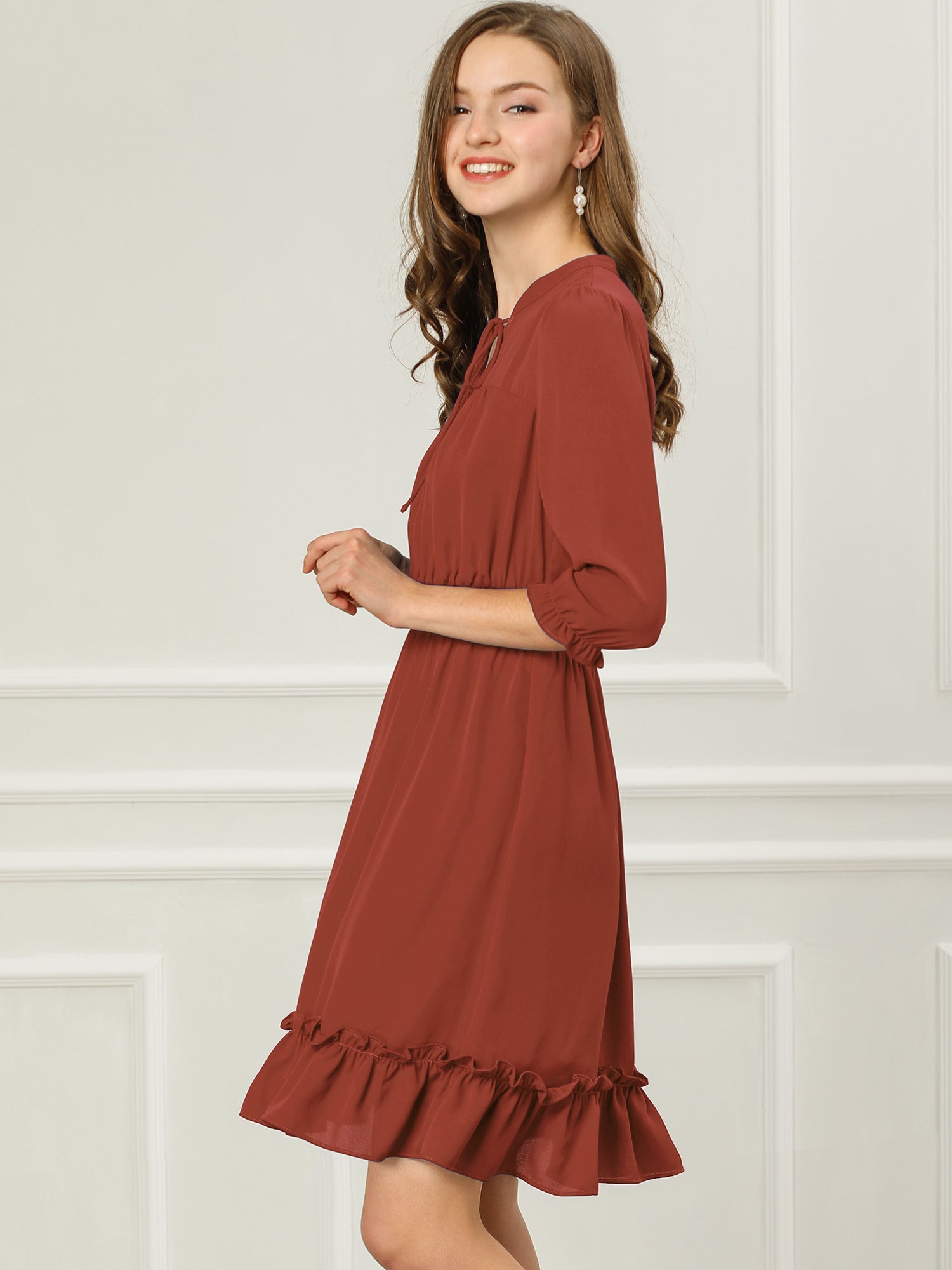 Ruffle Hem 3/4 Sleeve A-Line Smocked Midi Chiffon Dress