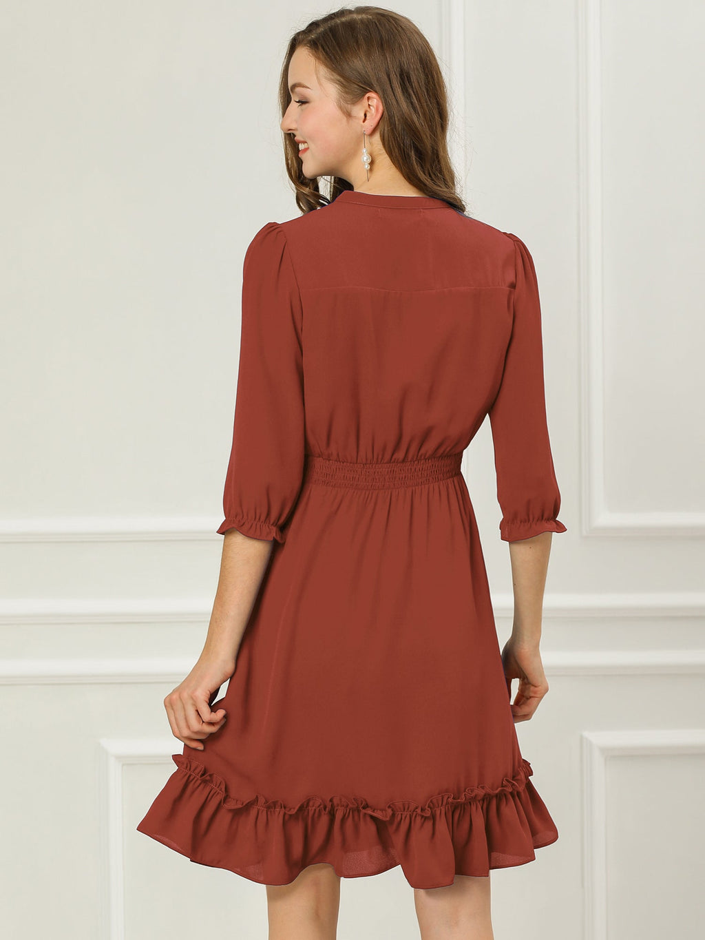 Ruffle Hem 3/4 Sleeve A-Line Smocked Midi Chiffon Dress