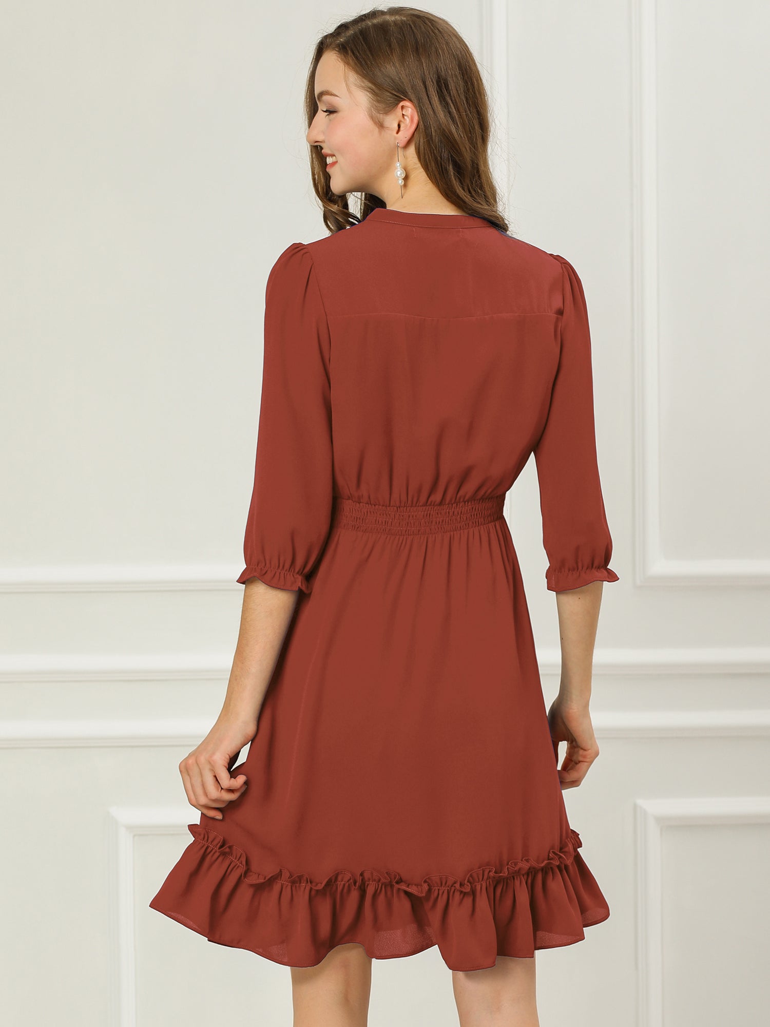 Ruffle Hem 3/4 Sleeve A-Line Smocked Midi Chiffon Dress