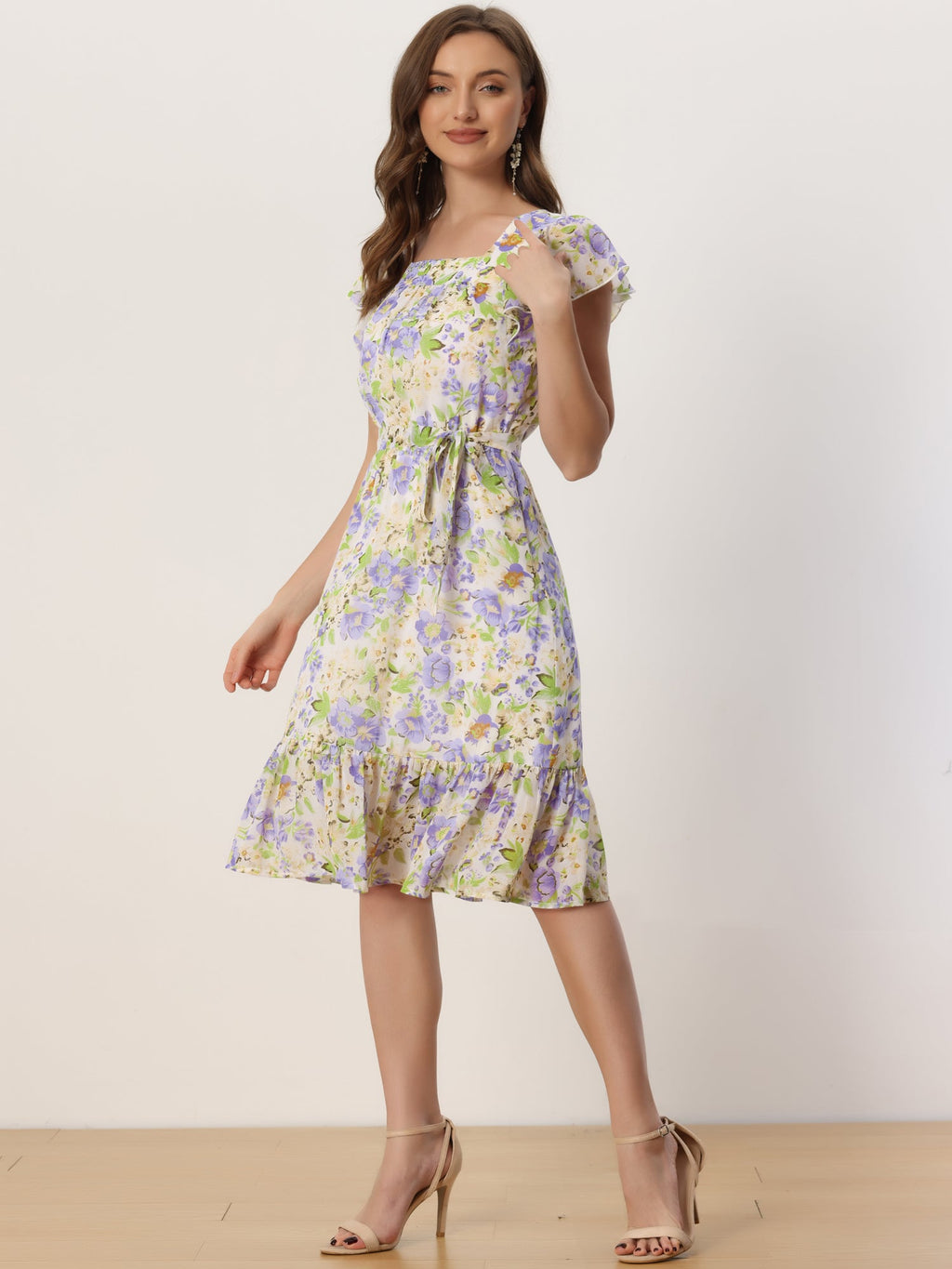 Floral Chiffon Flutter Sleeve Belted Square Neck Ruffled Hem Dress