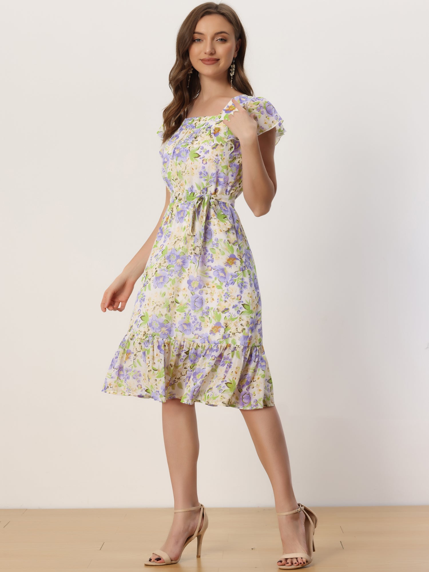 Floral Chiffon Flutter Sleeve Belted Square Neck Ruffled Hem Dress