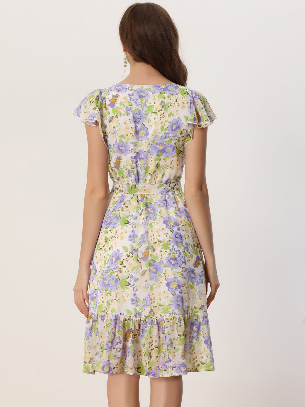 Floral Chiffon Flutter Sleeve Belted Square Neck Ruffled Hem Dress