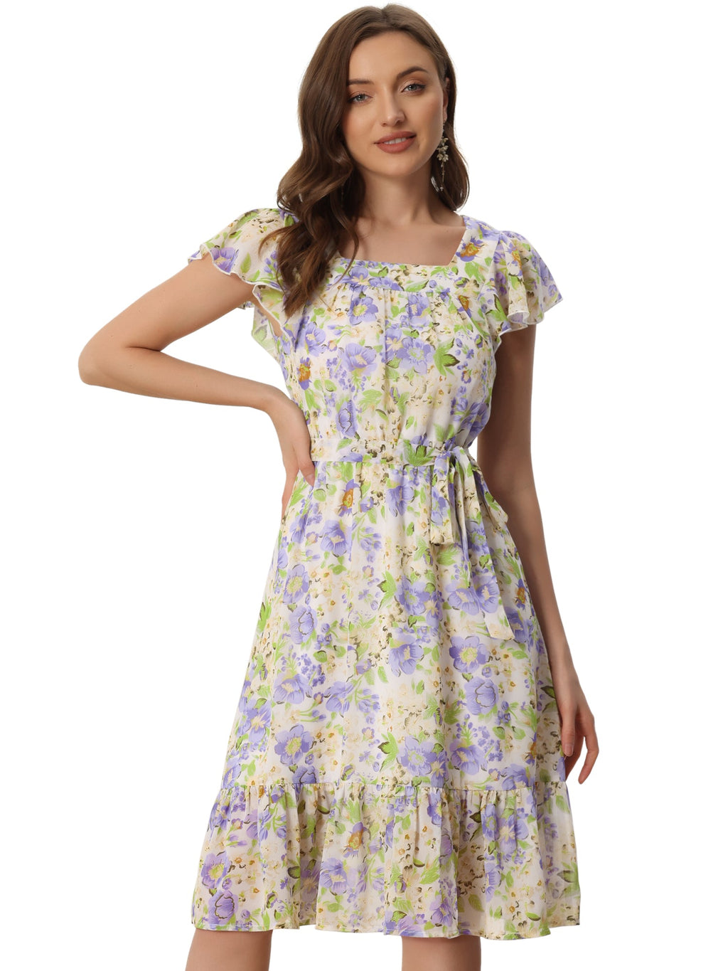 Floral Chiffon Flutter Sleeve Belted Square Neck Ruffled Hem Dress