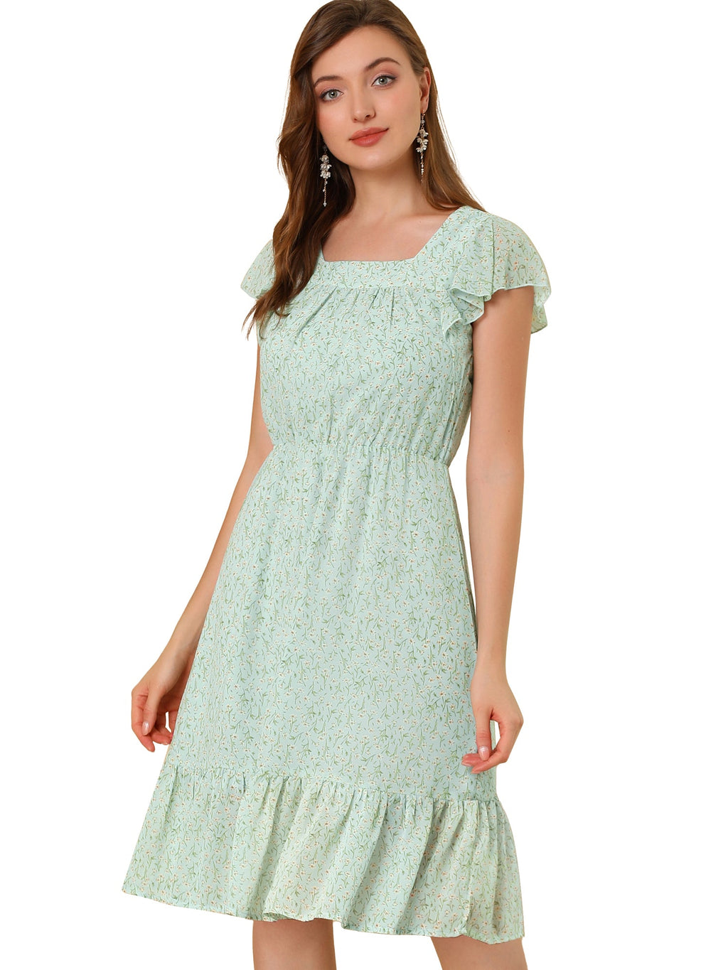 Floral Chiffon Flutter Sleeve Belted Square Neck Ruffled Hem Dress