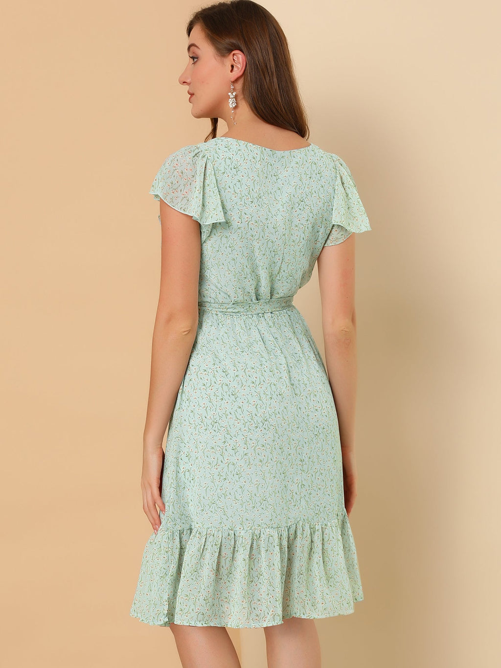 Floral Chiffon Flutter Sleeve Belted Square Neck Ruffled Hem Dress