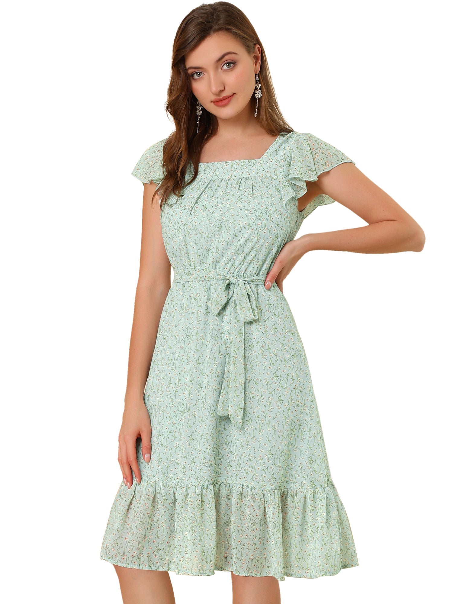 Floral Chiffon Flutter Sleeve Belted Square Neck Ruffled Hem Dress