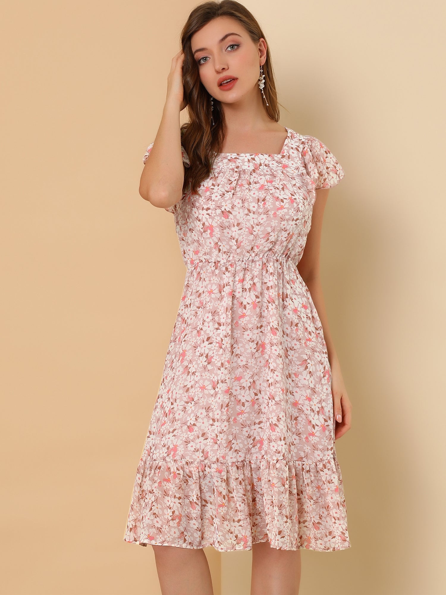 Floral Chiffon Flutter Sleeve Belted Square Neck Ruffled Hem Dress
