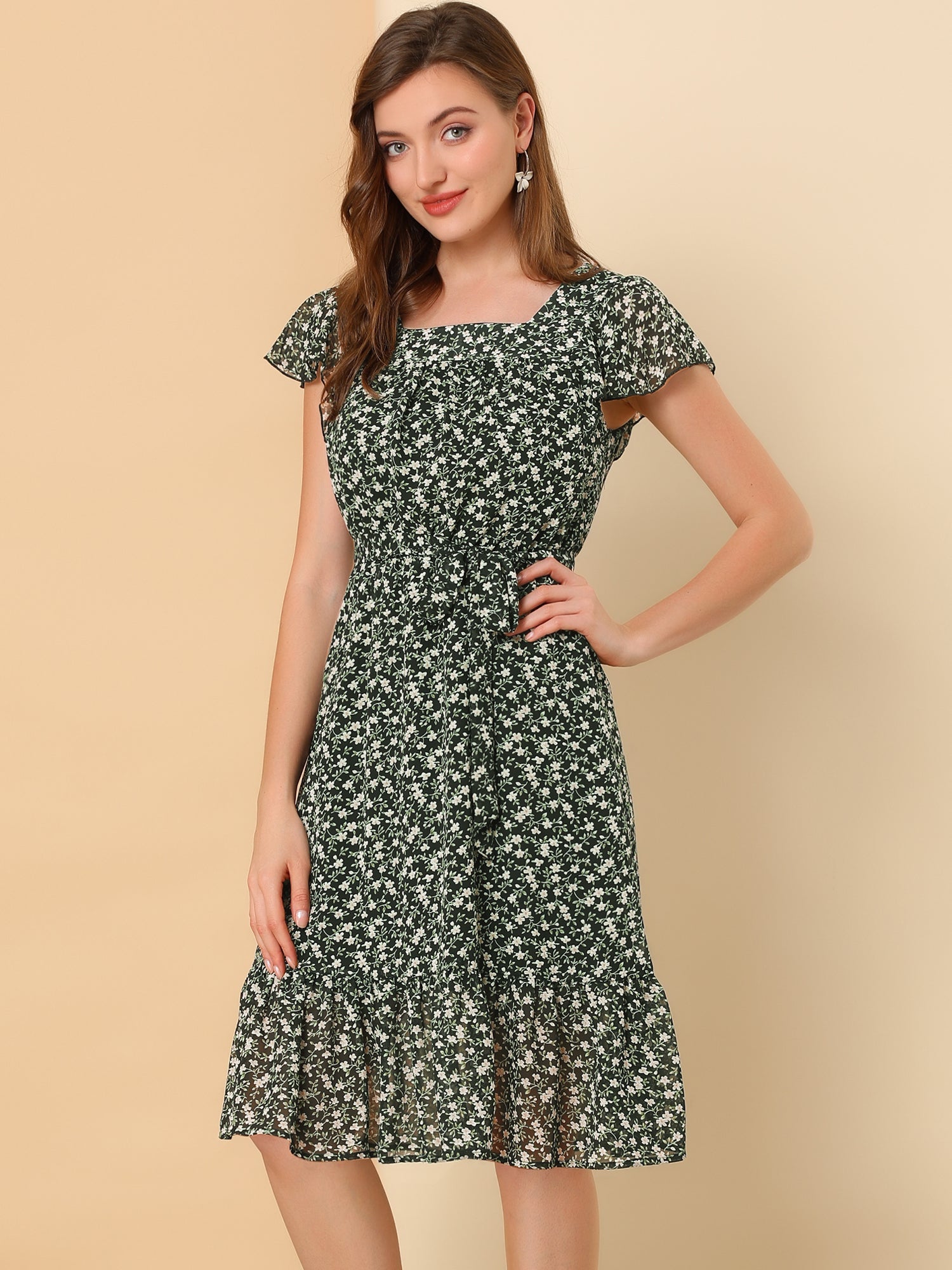 Floral Chiffon Flutter Sleeve Belted Square Neck Ruffled Hem Dress