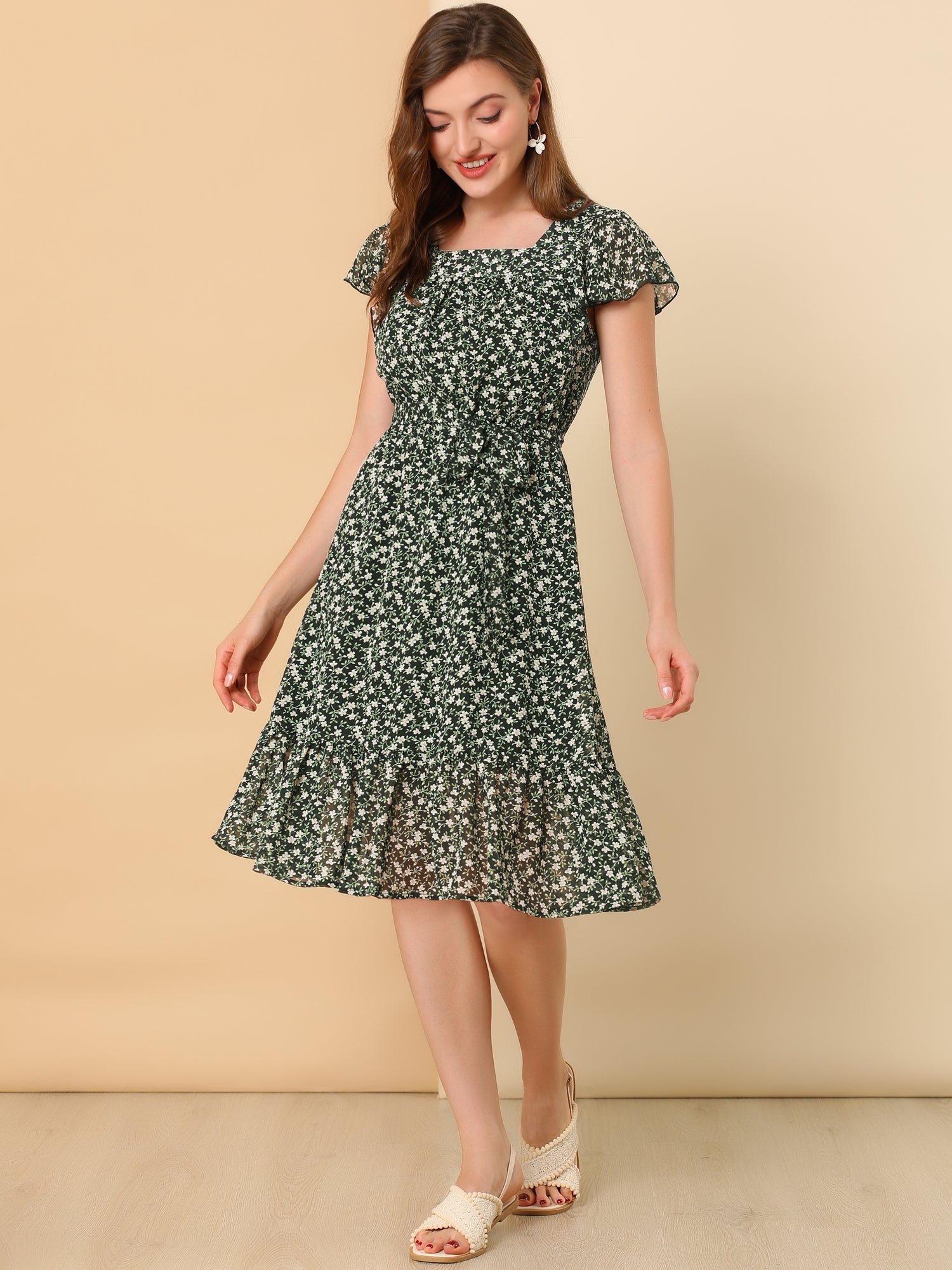 Floral Chiffon Flutter Sleeve Belted Square Neck Ruffled Hem Dress