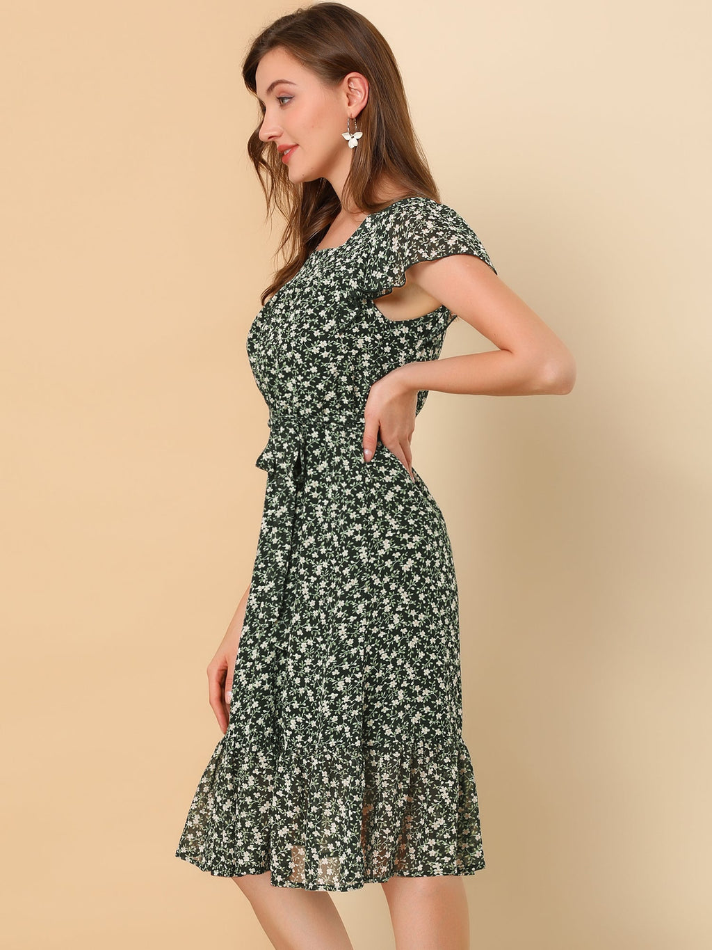 Floral Chiffon Flutter Sleeve Belted Square Neck Ruffled Hem Dress