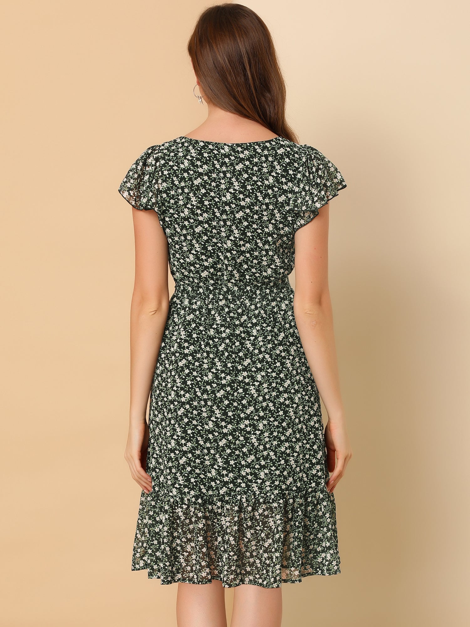 Floral Chiffon Flutter Sleeve Belted Square Neck Ruffled Hem Dress