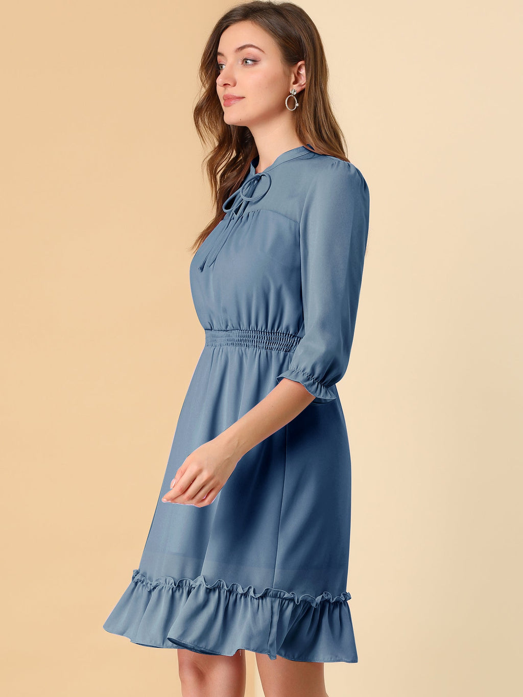 Ruffle Hem 3/4 Sleeve A-Line Smocked Midi Chiffon Dress