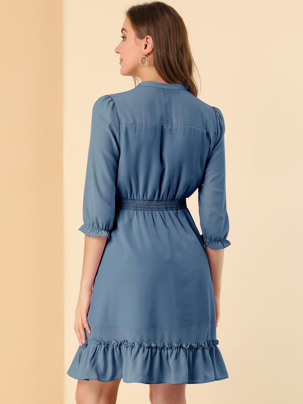 Ruffle Hem 3/4 Sleeve A-Line Smocked Midi Chiffon Dress