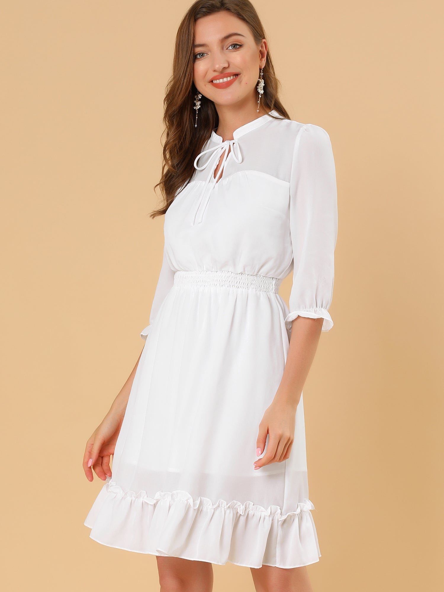 Ruffle Hem 3/4 Sleeve A-Line Smocked Midi Chiffon Dress
