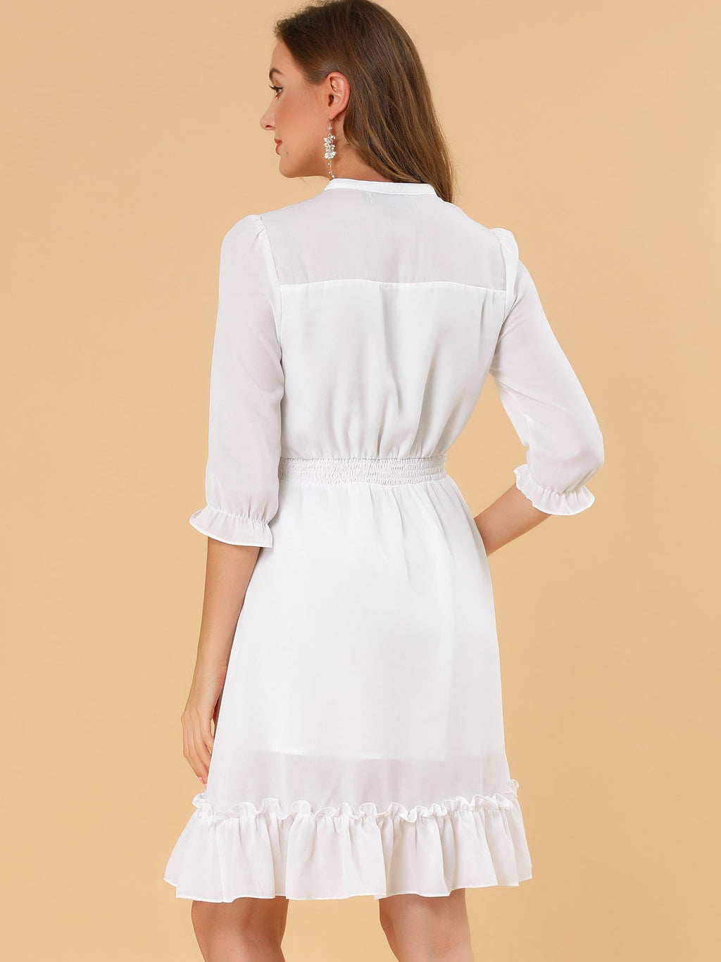 Ruffle Hem 3/4 Sleeve A-Line Smocked Midi Chiffon Dress
