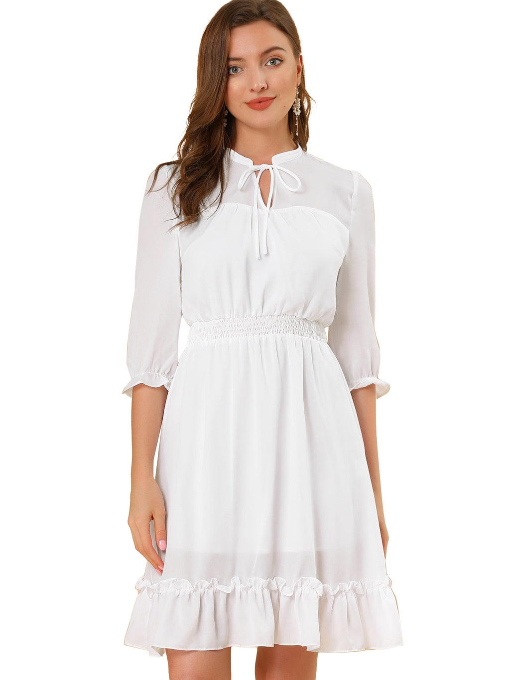 Ruffle Hem 3/4 Sleeve A-Line Smocked Midi Chiffon Dress