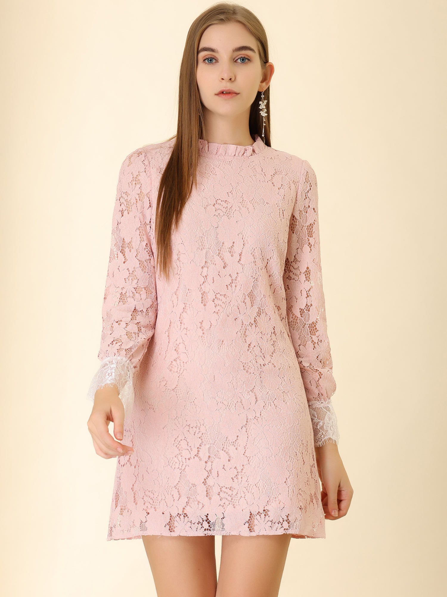 Lace Floral Ruffle Crew Neck Cocktail Mini Dress
