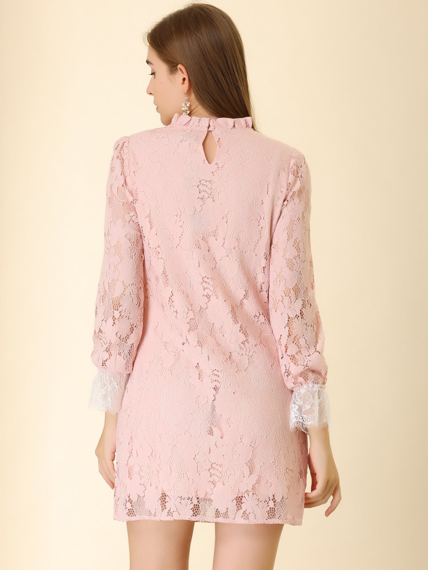 Lace Floral Ruffle Crew Neck Cocktail Mini Dress