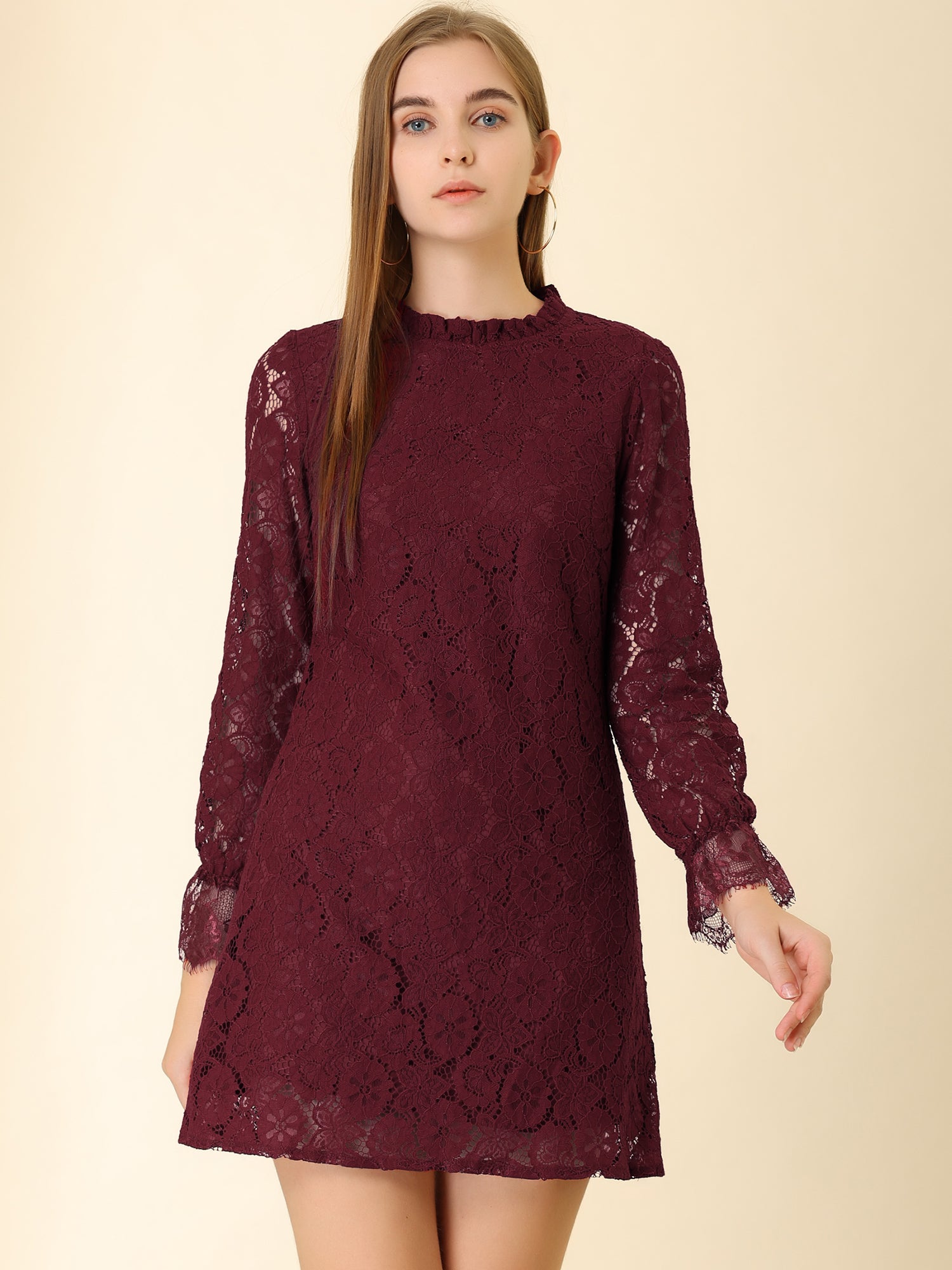 Lace Floral Ruffle Crew Neck Cocktail Mini Dress