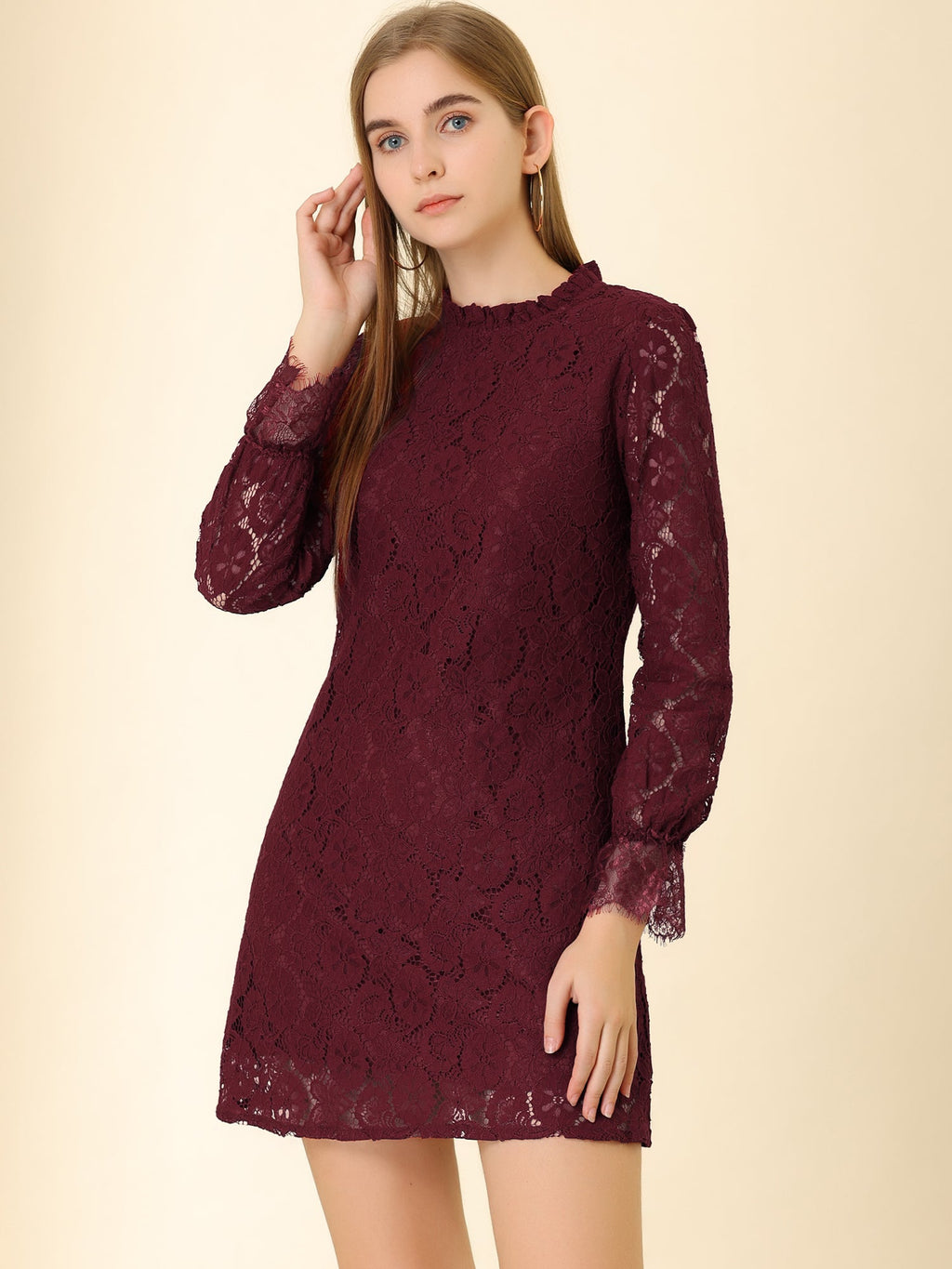Lace Floral Ruffle Crew Neck Cocktail Mini Dress