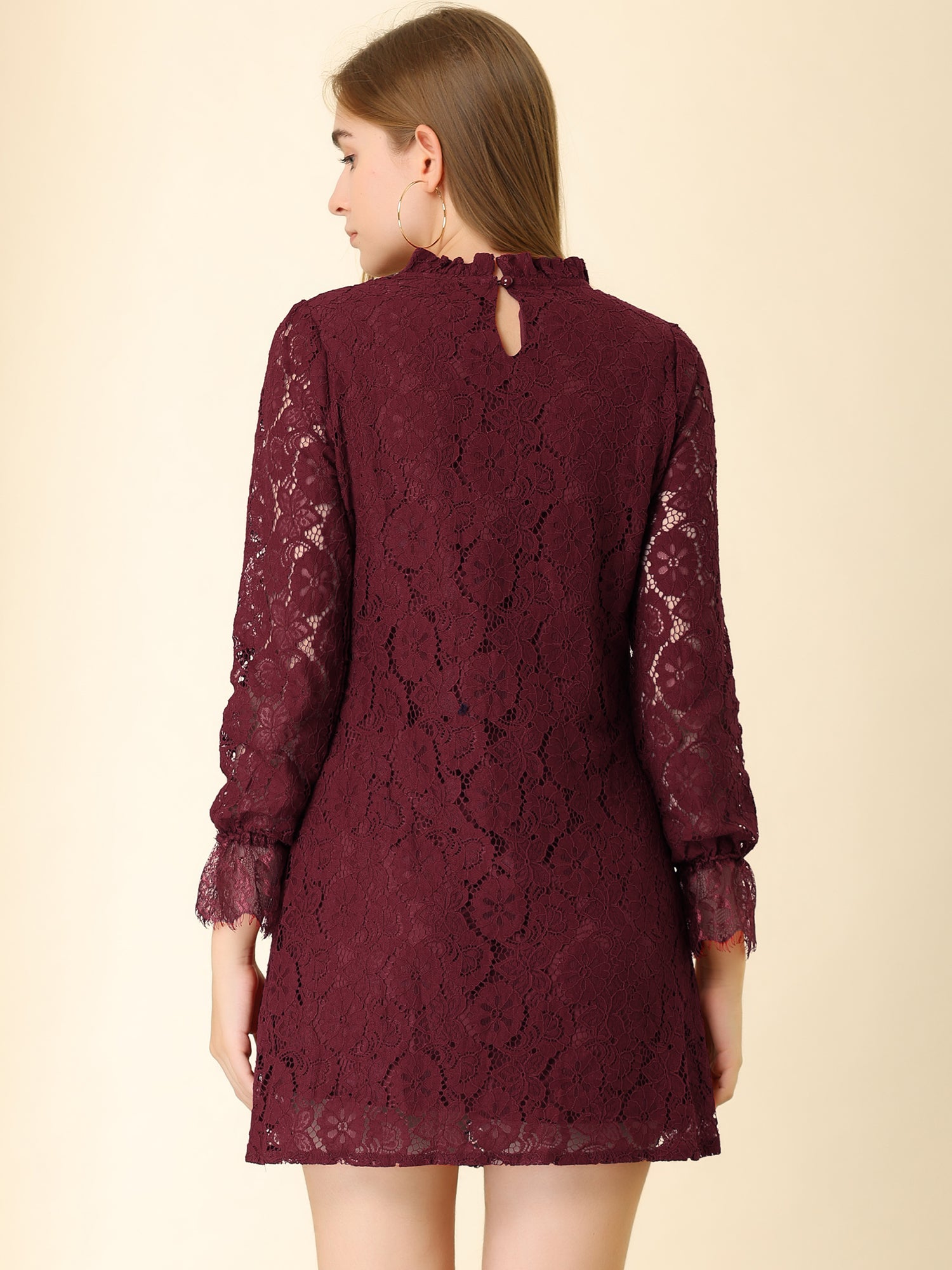 Lace Floral Ruffle Crew Neck Cocktail Mini Dress