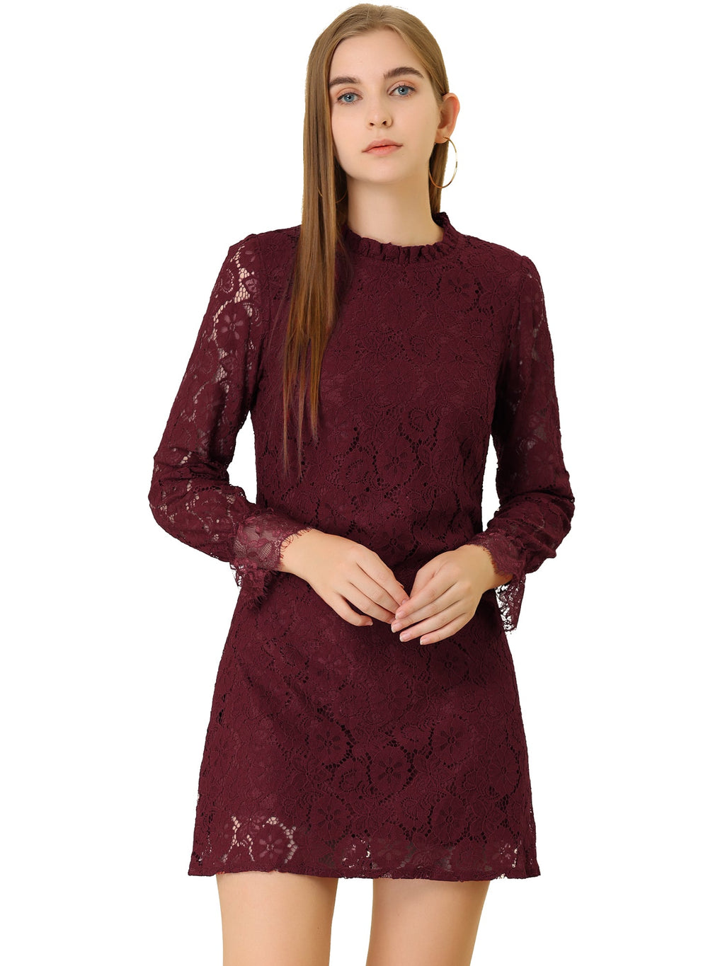 Lace Floral Ruffle Crew Neck Cocktail Mini Dress