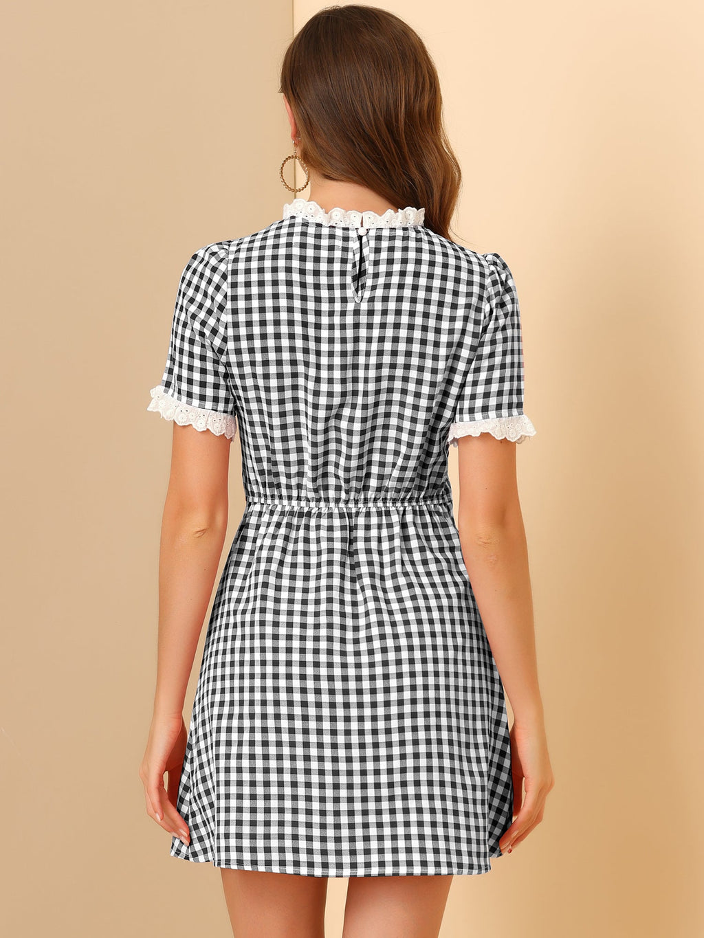 Summer Ruffle Neck Lace Panel Short Sleeve Check Gingham Dress
