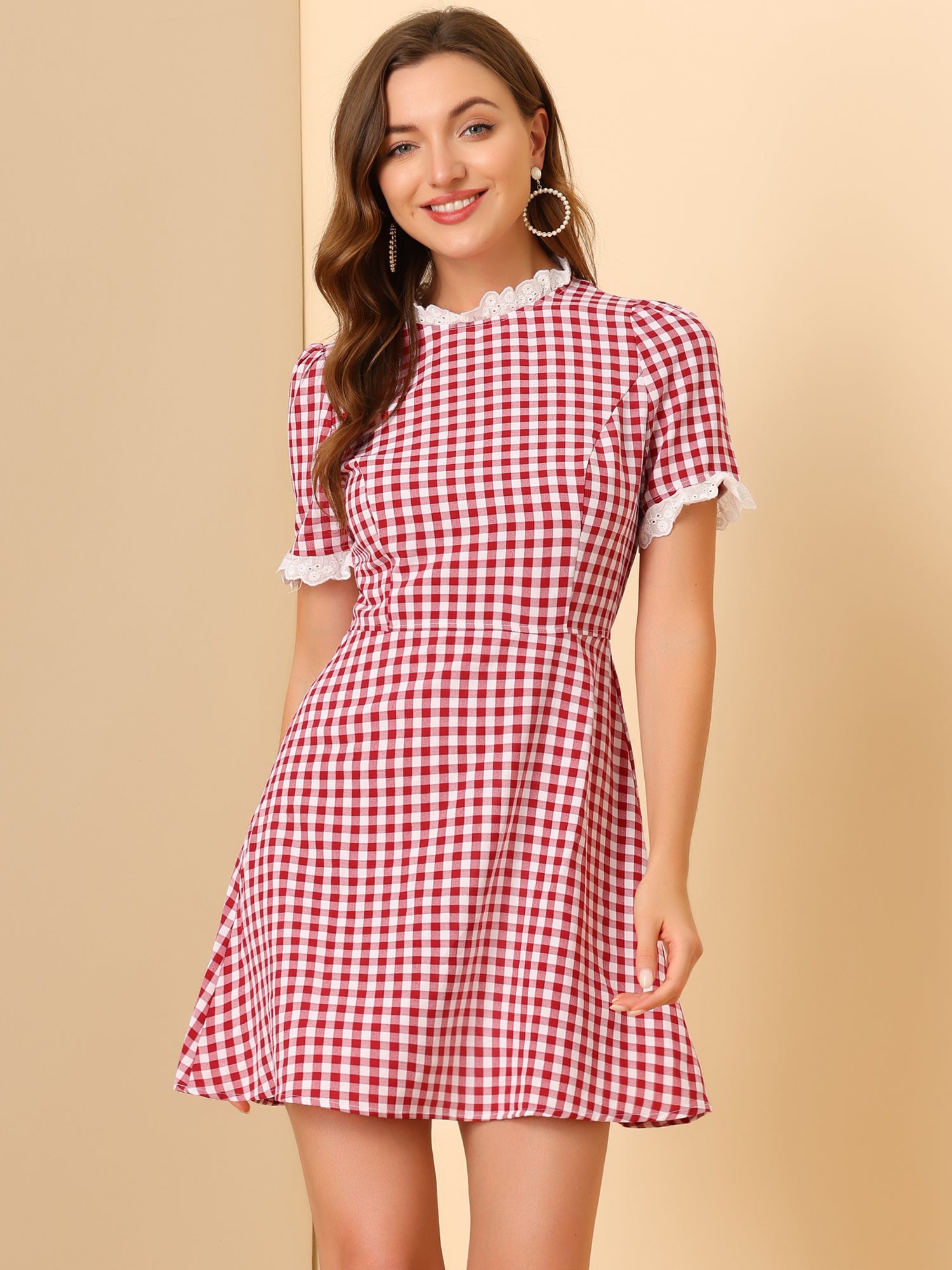 Summer Ruffle Neck Lace Panel Short Sleeve Check Gingham Dress