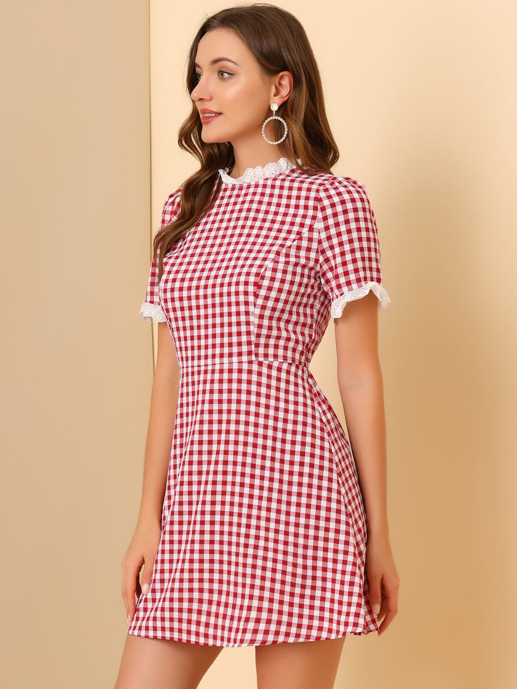 Summer Ruffle Neck Lace Panel Short Sleeve Check Gingham Dress
