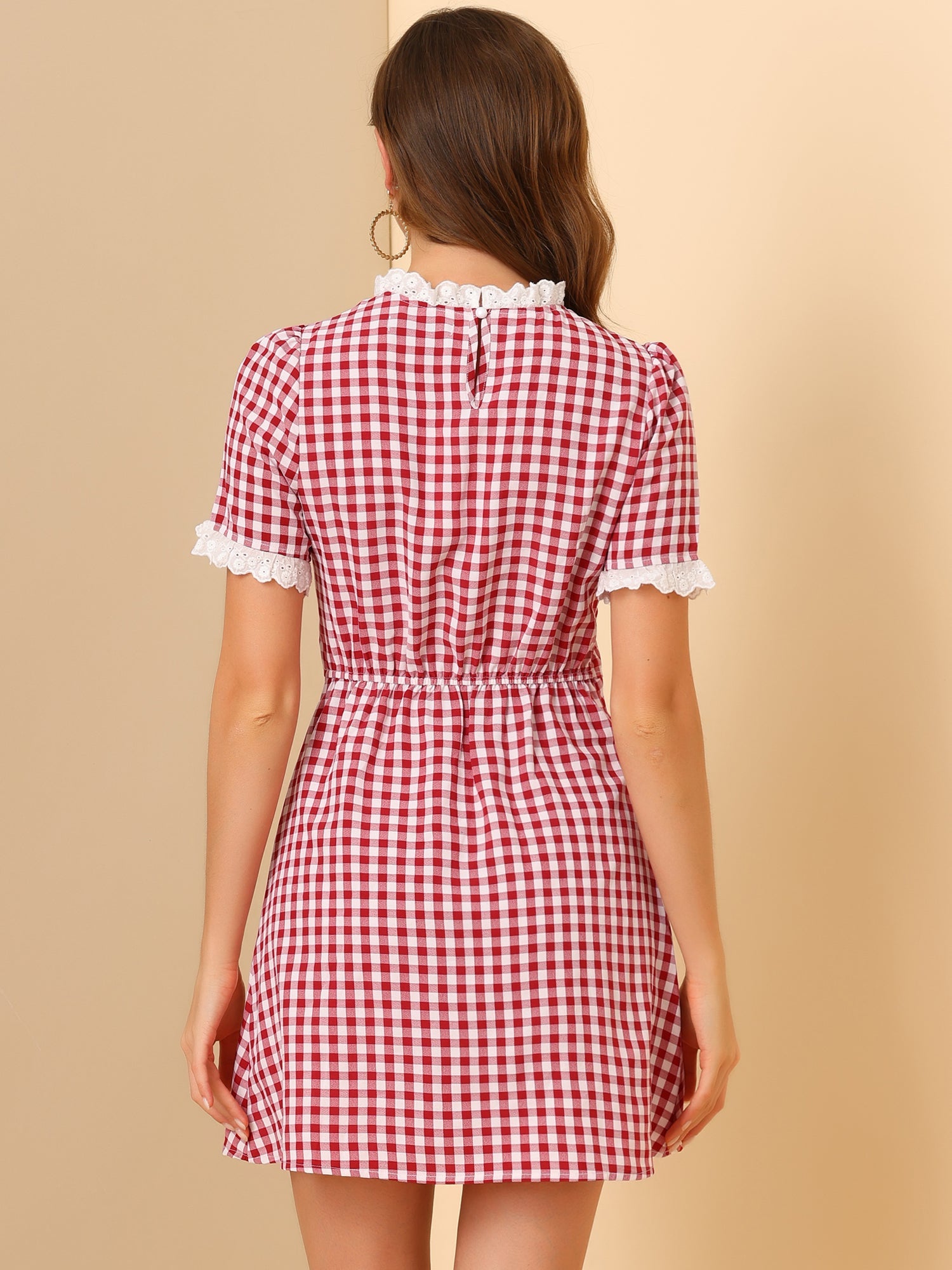 Summer Ruffle Neck Lace Panel Short Sleeve Check Gingham Dress