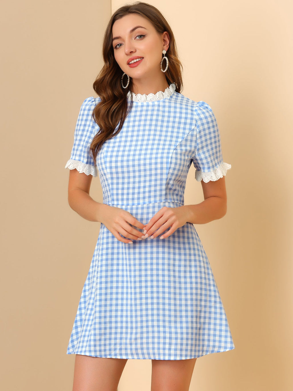 Summer Ruffle Neck Lace Panel Short Sleeve Check Gingham Dress