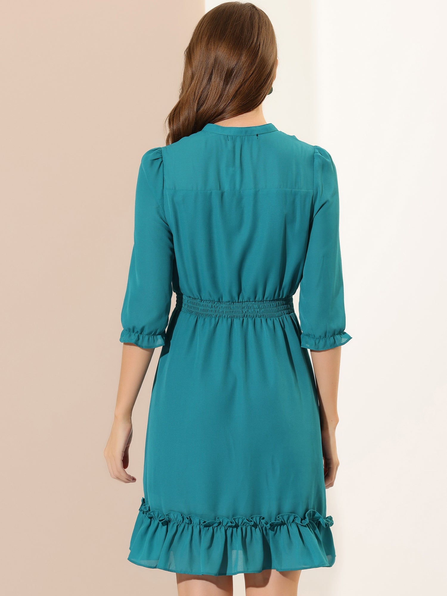 Ruffle Hem 3/4 Sleeve A-Line Smocked Midi Chiffon Dress
