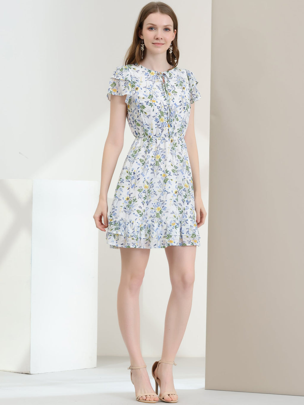 Ruffle Sleeve V Neck Above Knee A-Line Floral Chiffon Dress