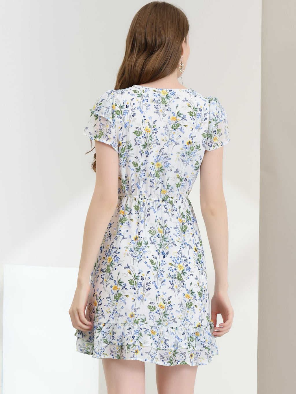 Ruffle Sleeve V Neck Above Knee A-Line Floral Chiffon Dress