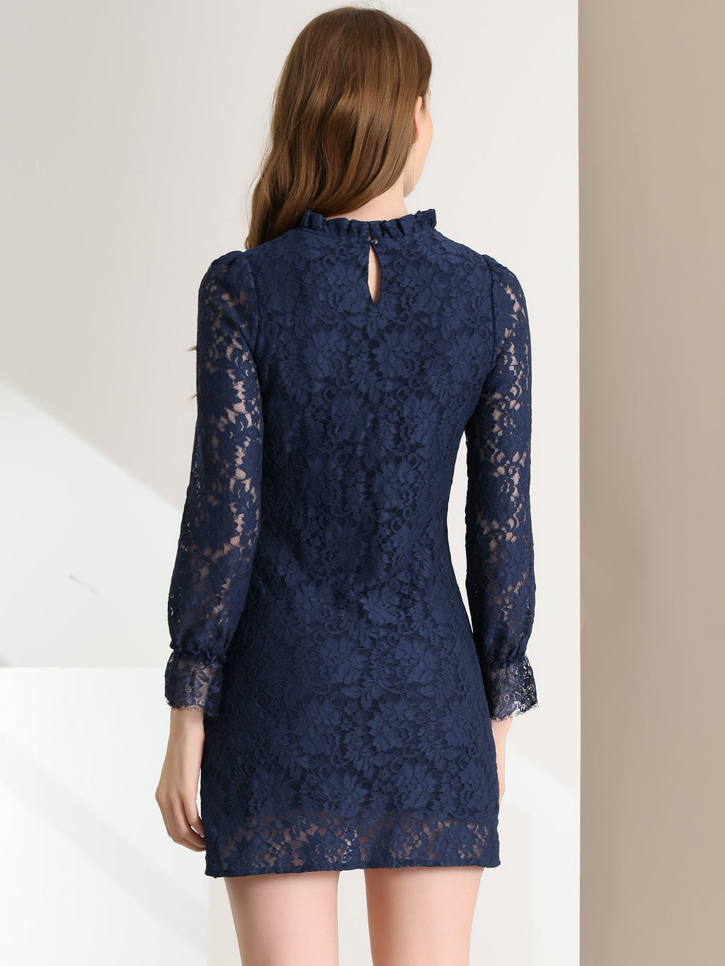 Lace Floral Ruffle Crew Neck Cocktail Mini Dress