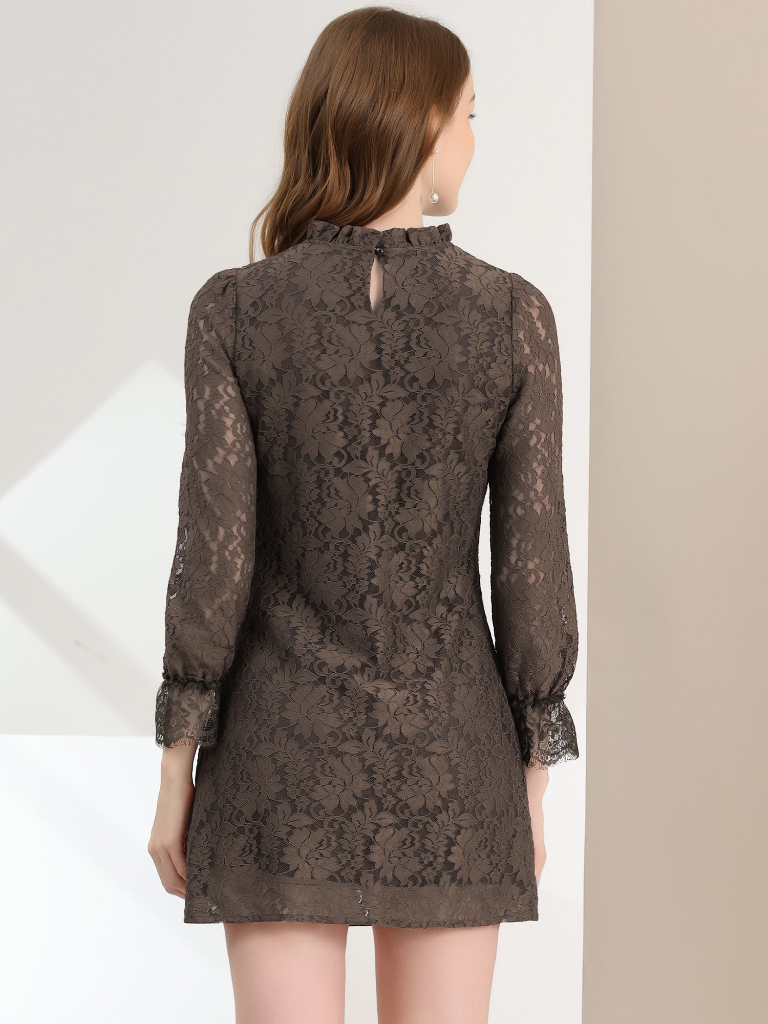 Lace Floral Ruffle Crew Neck Cocktail Mini Dress