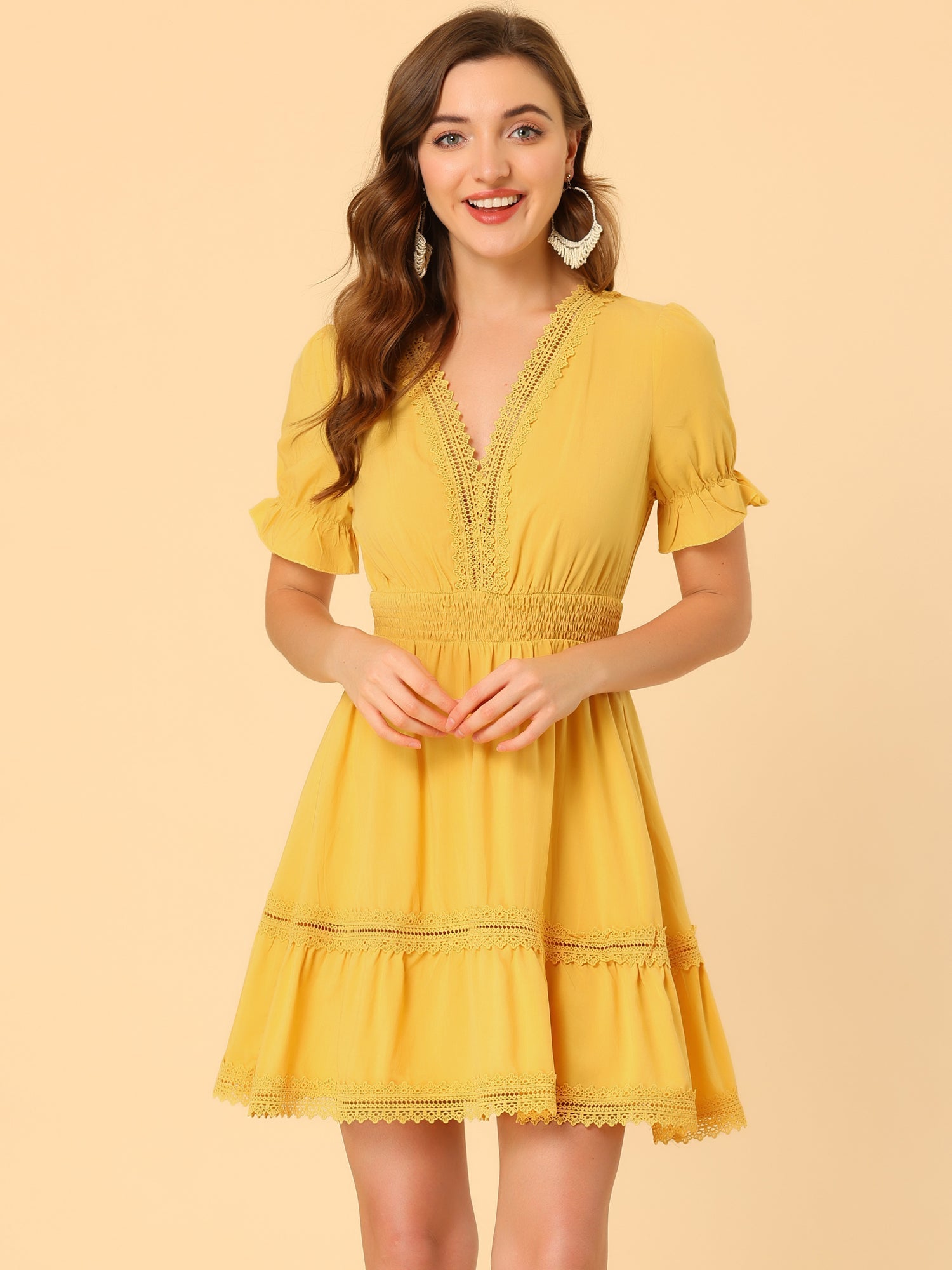 Boho Puff Sleeve V Neck Smocked Waist Ruffled Tiered Dress