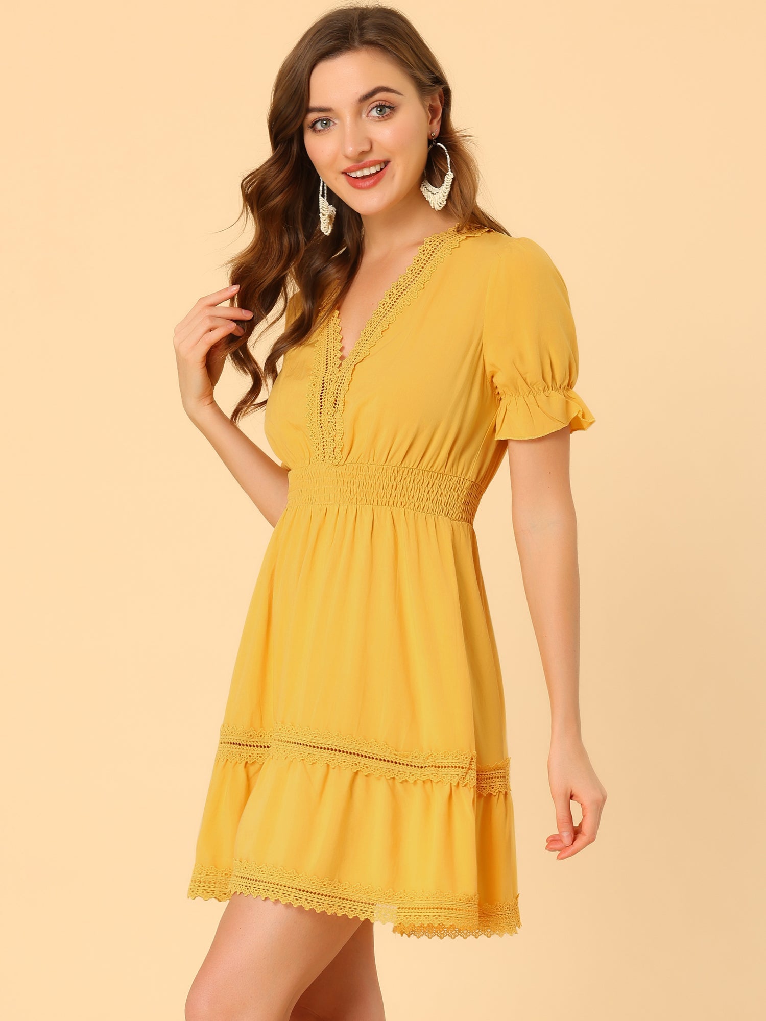 Boho Puff Sleeve V Neck Smocked Waist Ruffled Tiered Dress