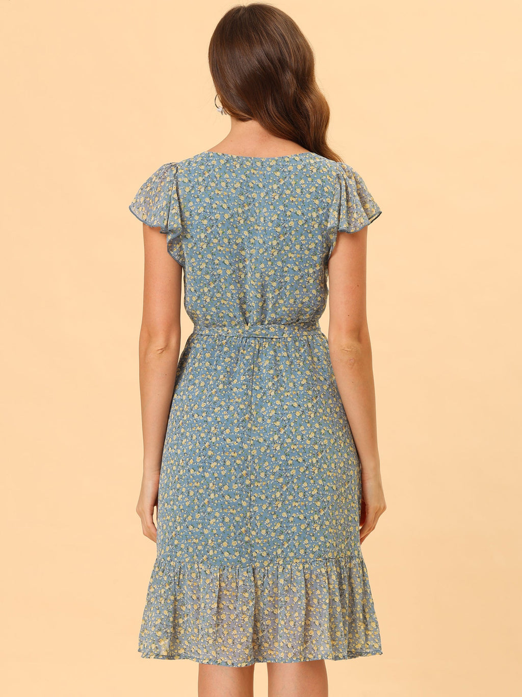 Floral Chiffon Flutter Sleeve Belted Square Neck Ruffled Hem Dress
