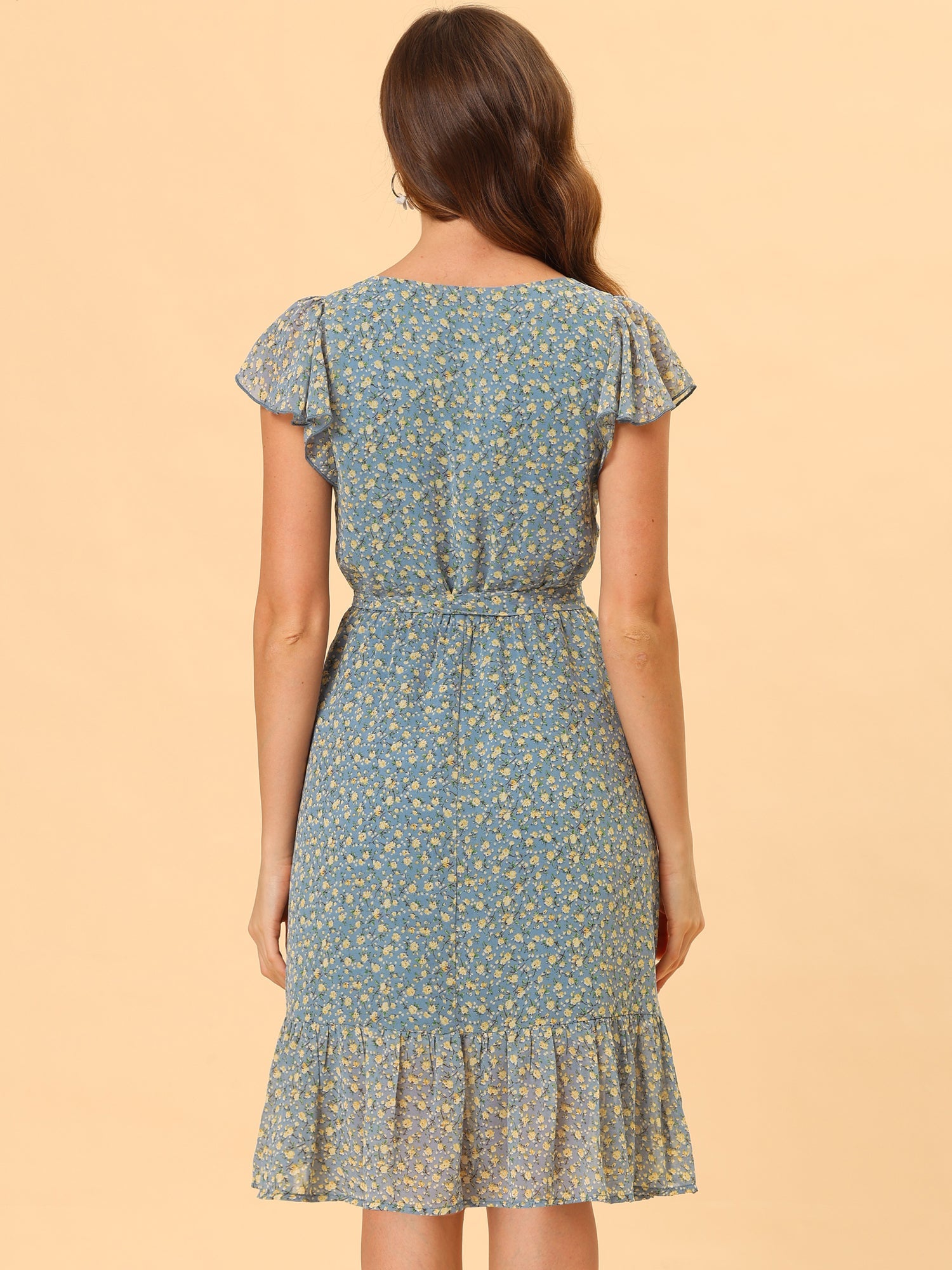 Floral Chiffon Flutter Sleeve Belted Square Neck Ruffled Hem Dress