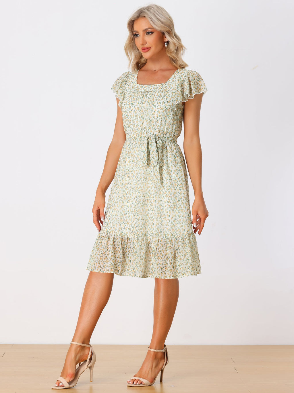Floral Chiffon Flutter Sleeve Belted Square Neck Ruffled Hem Dress