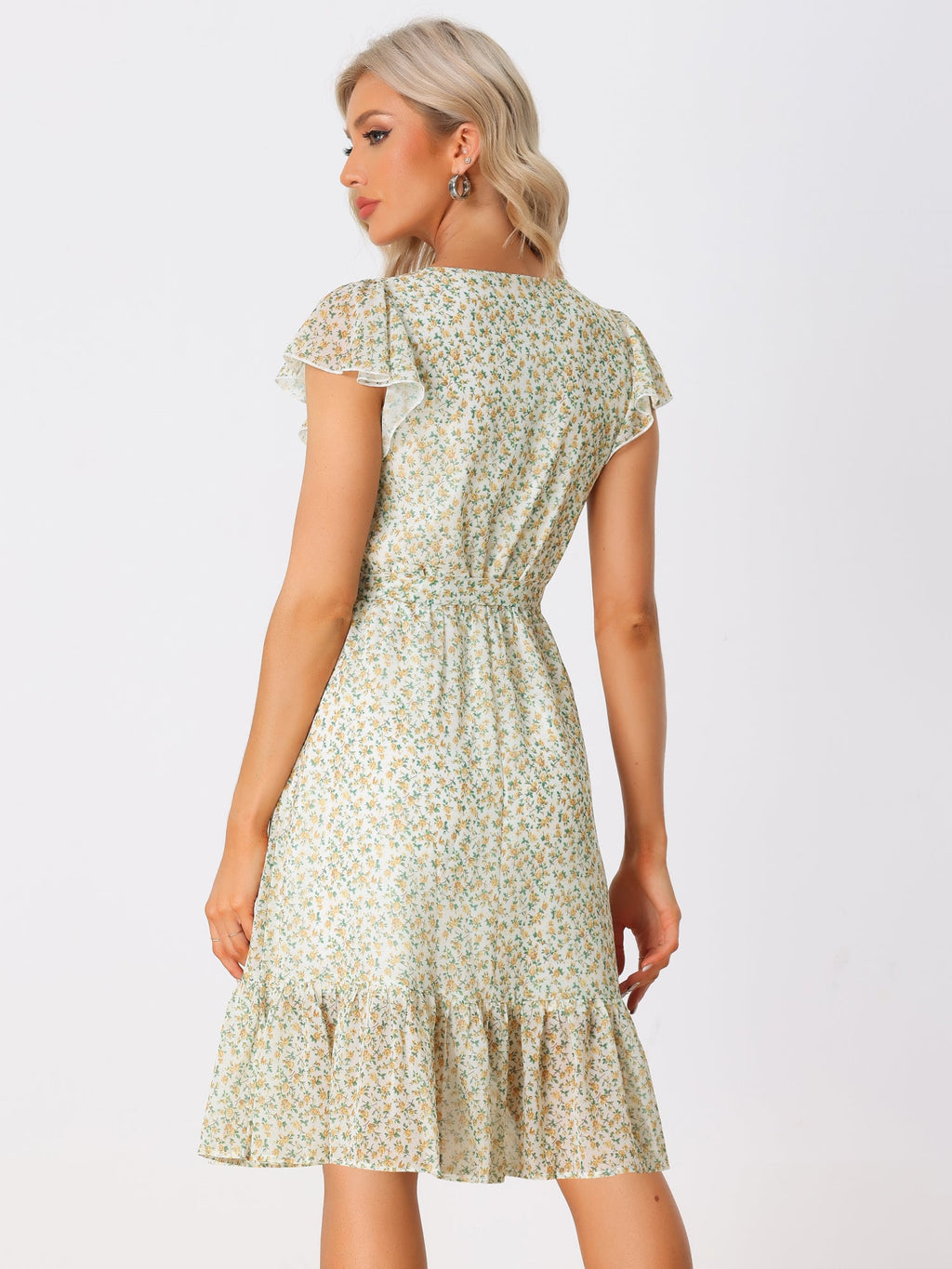 Floral Chiffon Flutter Sleeve Belted Square Neck Ruffled Hem Dress