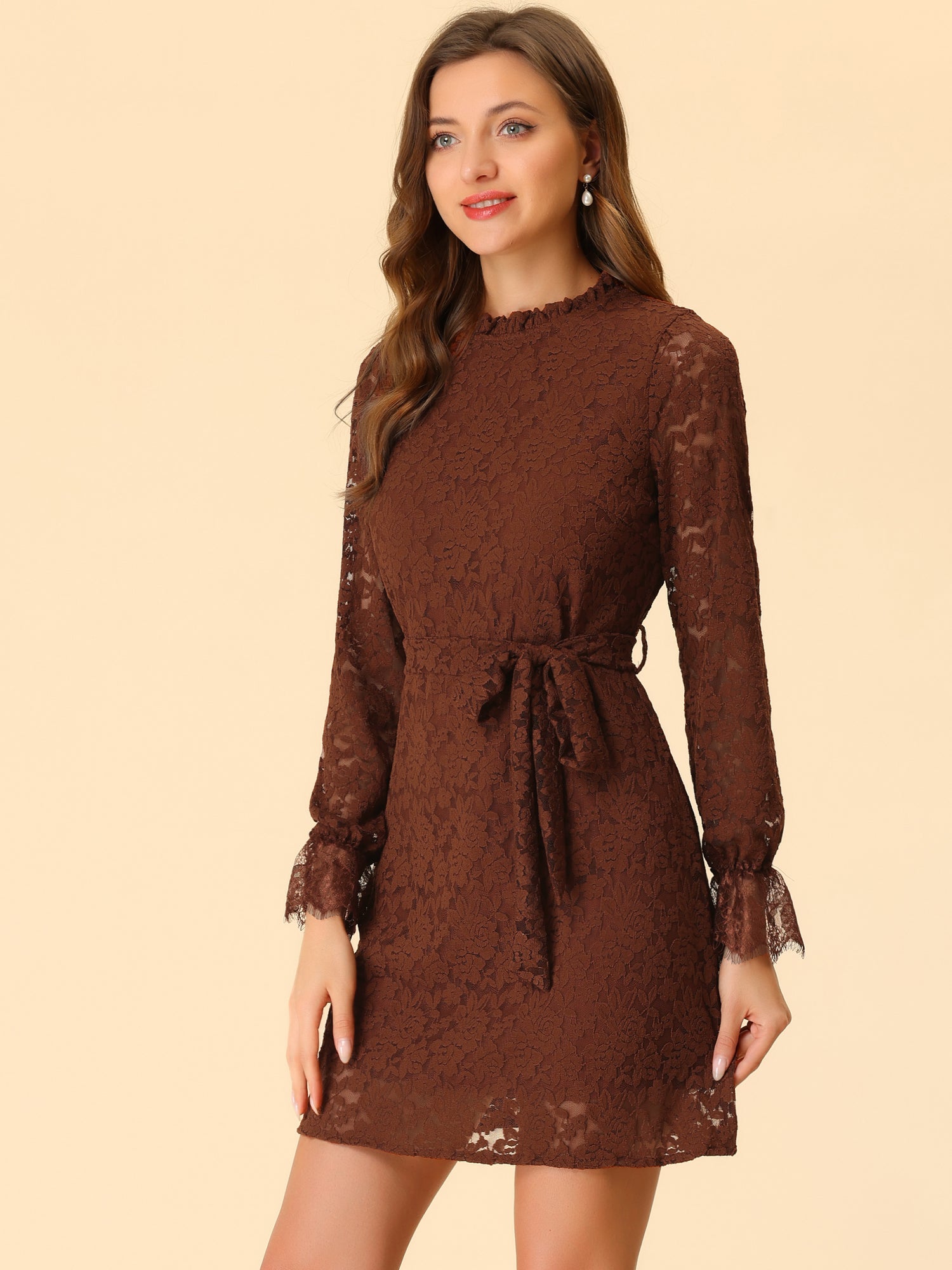 Lace Floral Ruffle Crew Neck Cocktail Mini Dress