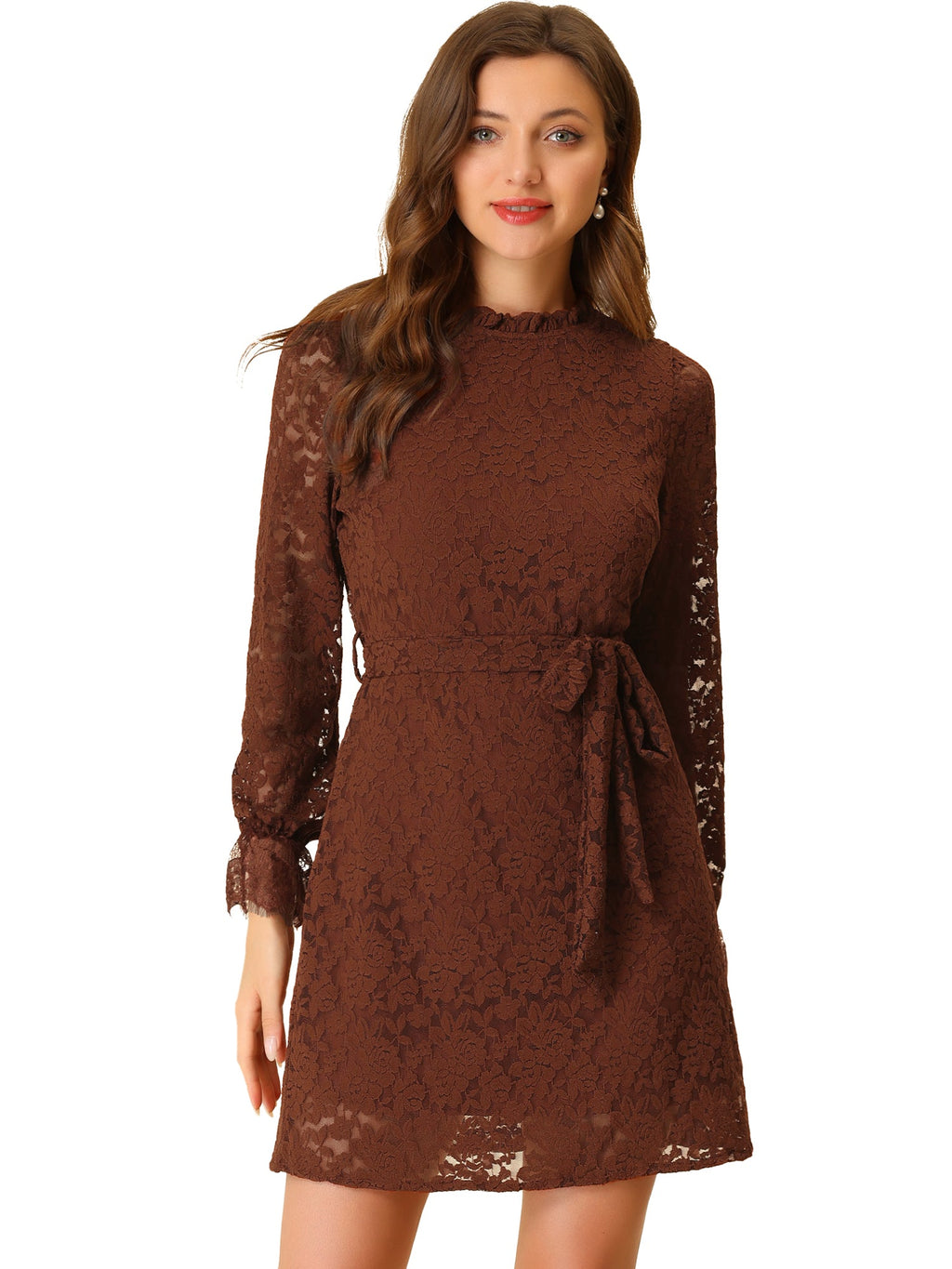 Lace Floral Ruffle Crew Neck Cocktail Mini Dress