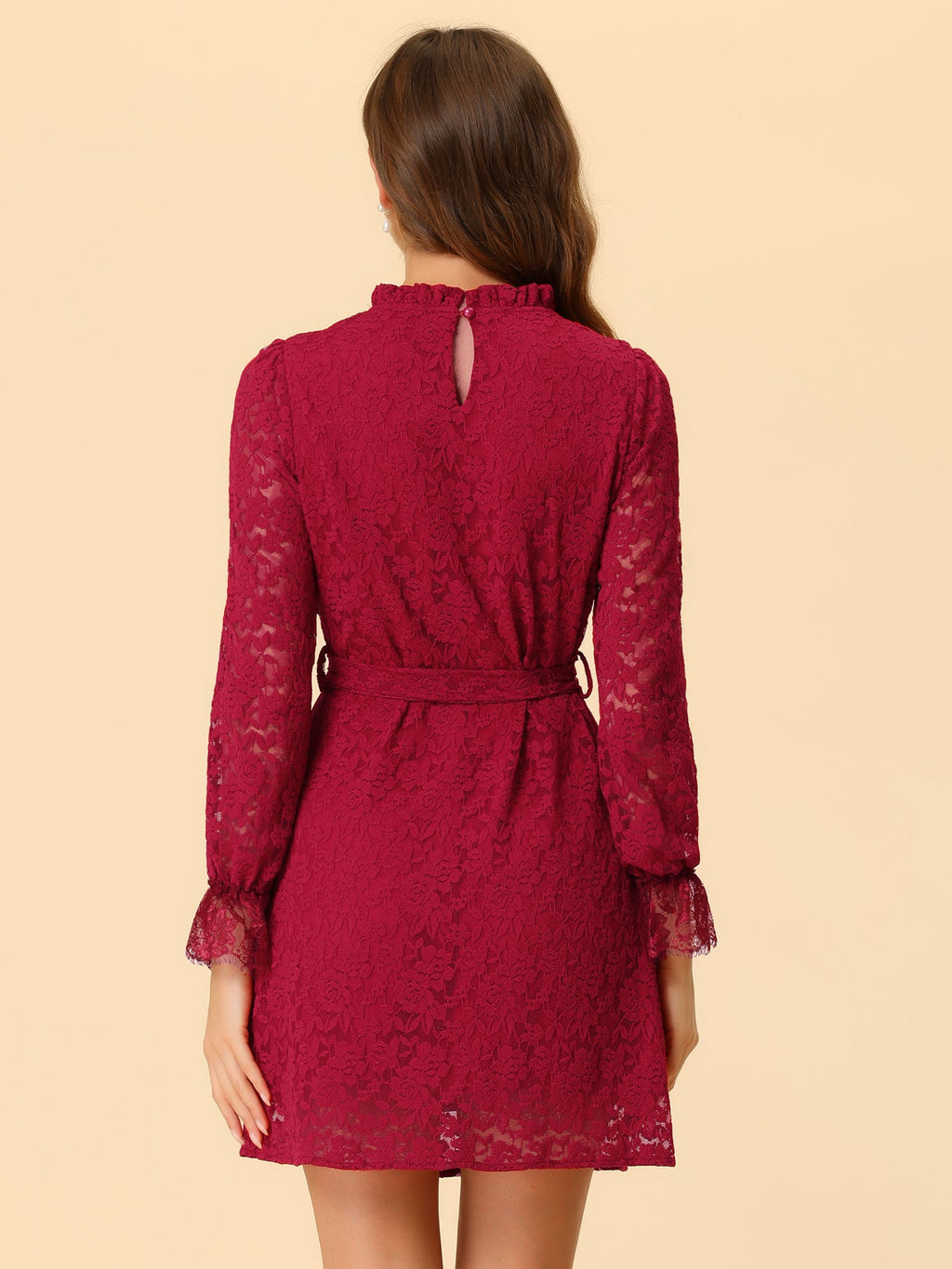 Lace Floral Ruffle Crew Neck Cocktail Mini Dress