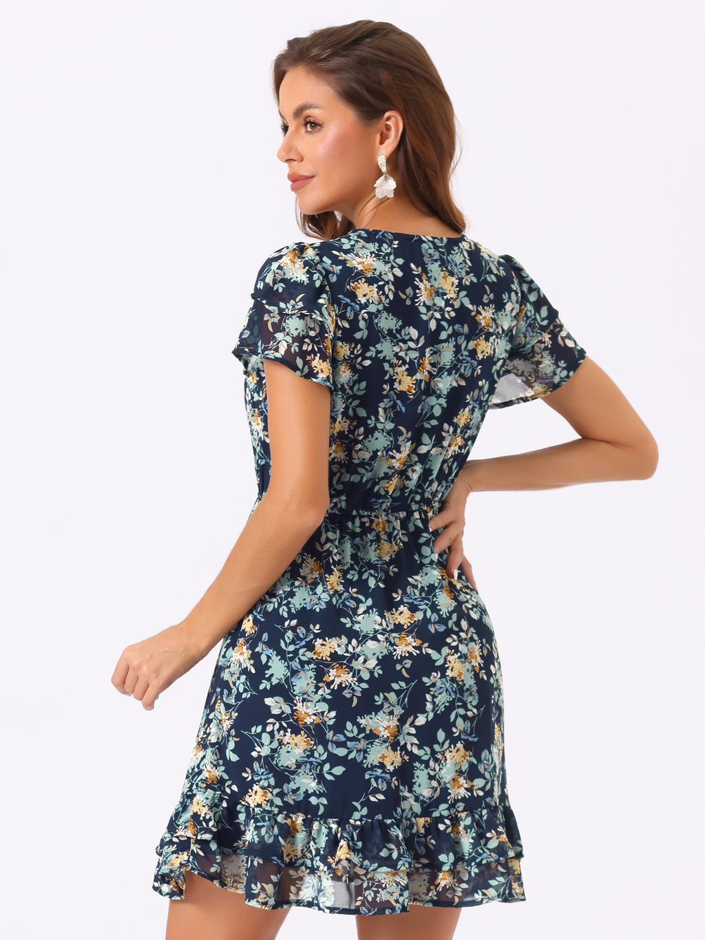 Ruffle Sleeve V Neck Above Knee A-Line Floral Chiffon Dress